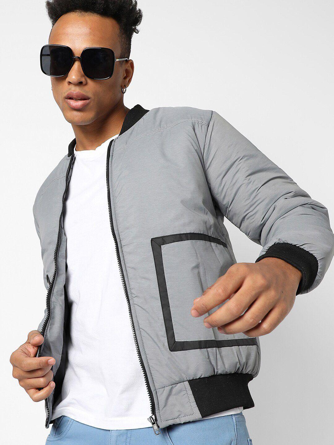 campus sutra men grey windcheater outdoor bomber with patchwork jacket