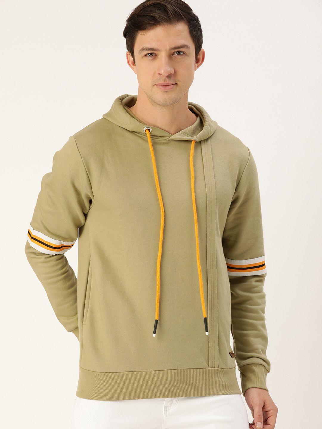 campus sutra men khaki pure cotton hooded sweatshirt