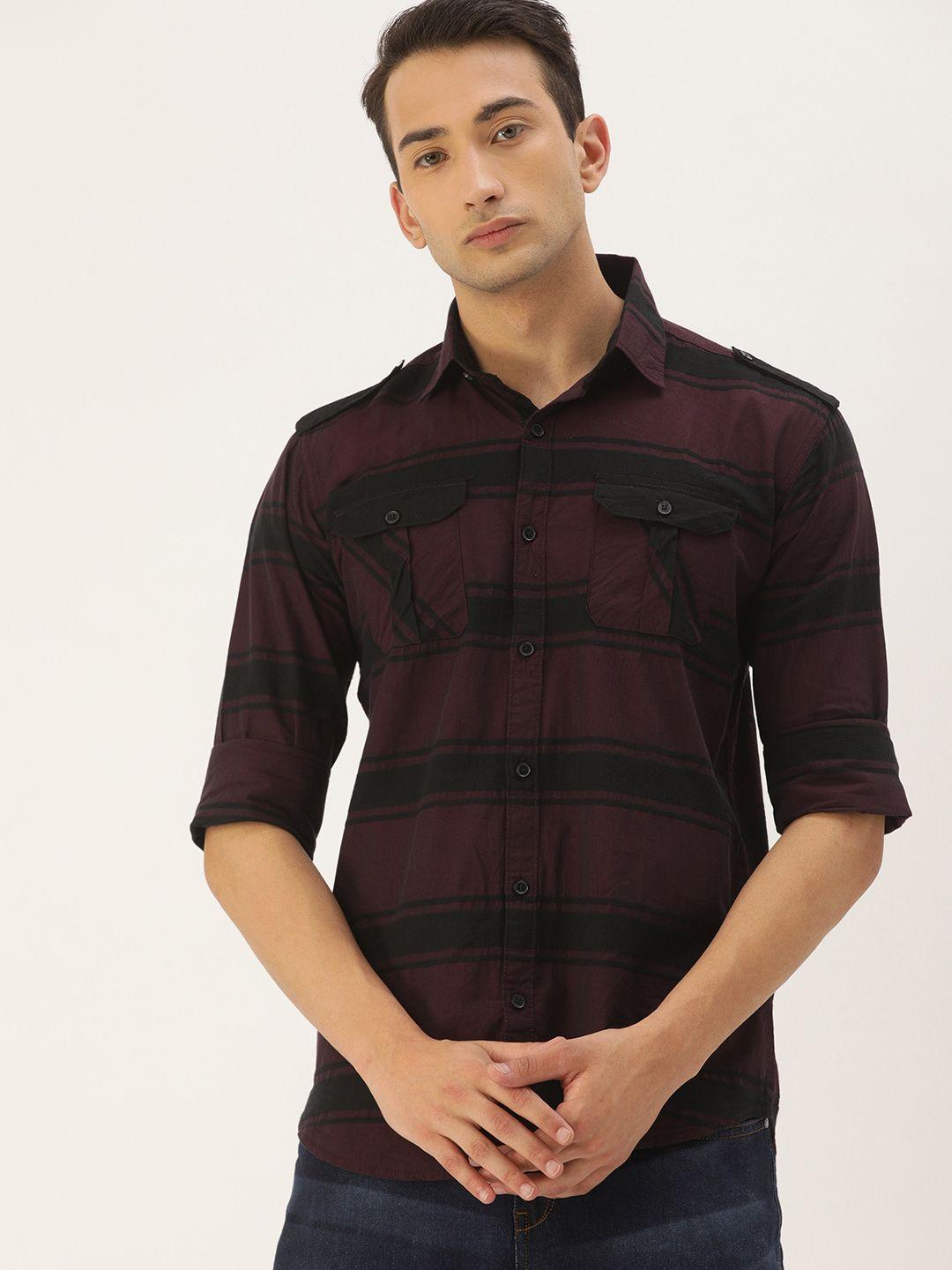 campus sutra men maroon & black regular fit striped casual shirt