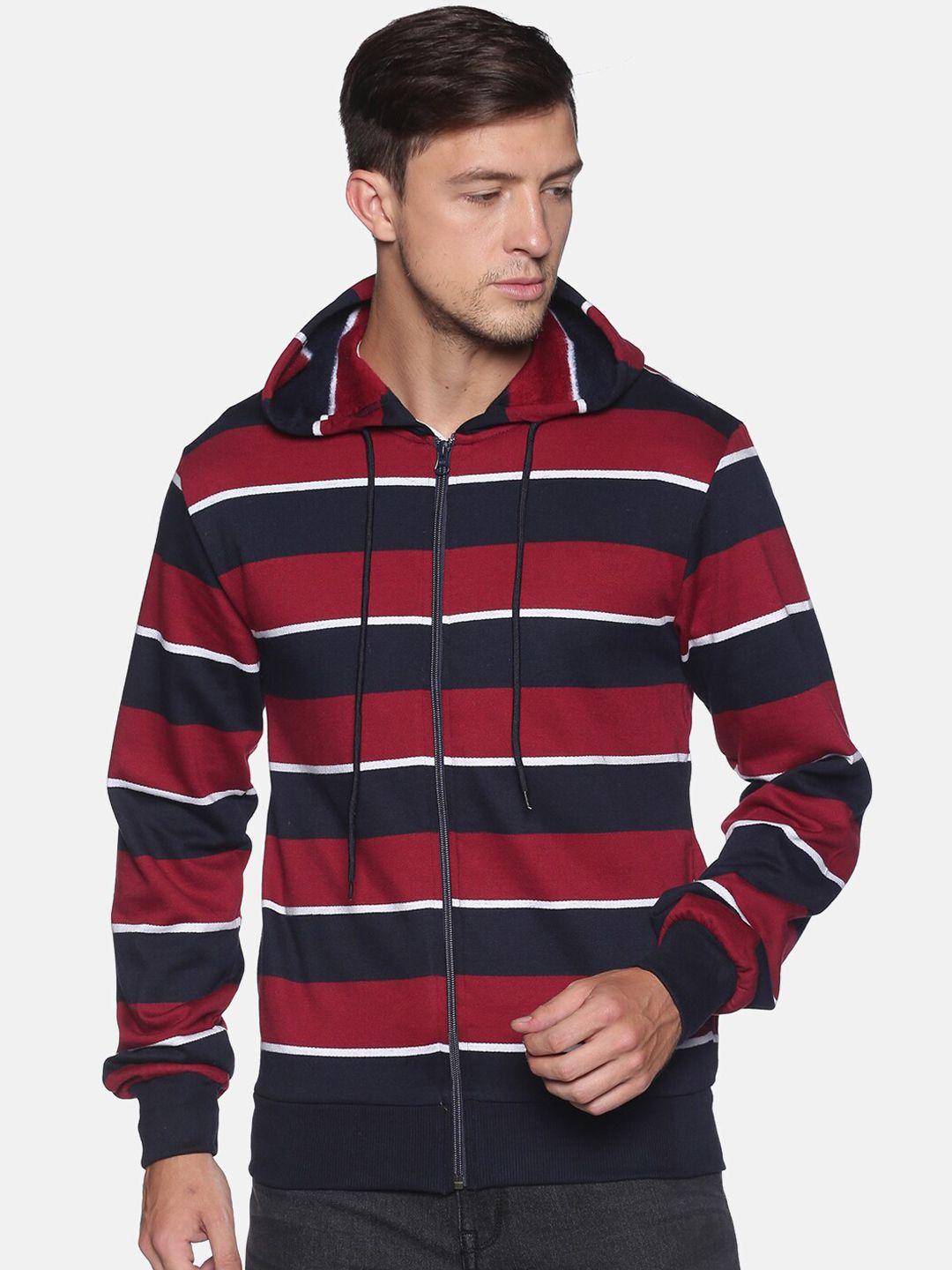 campus sutra men maroon & black striped hooded pure cotton open-front sweatshirt