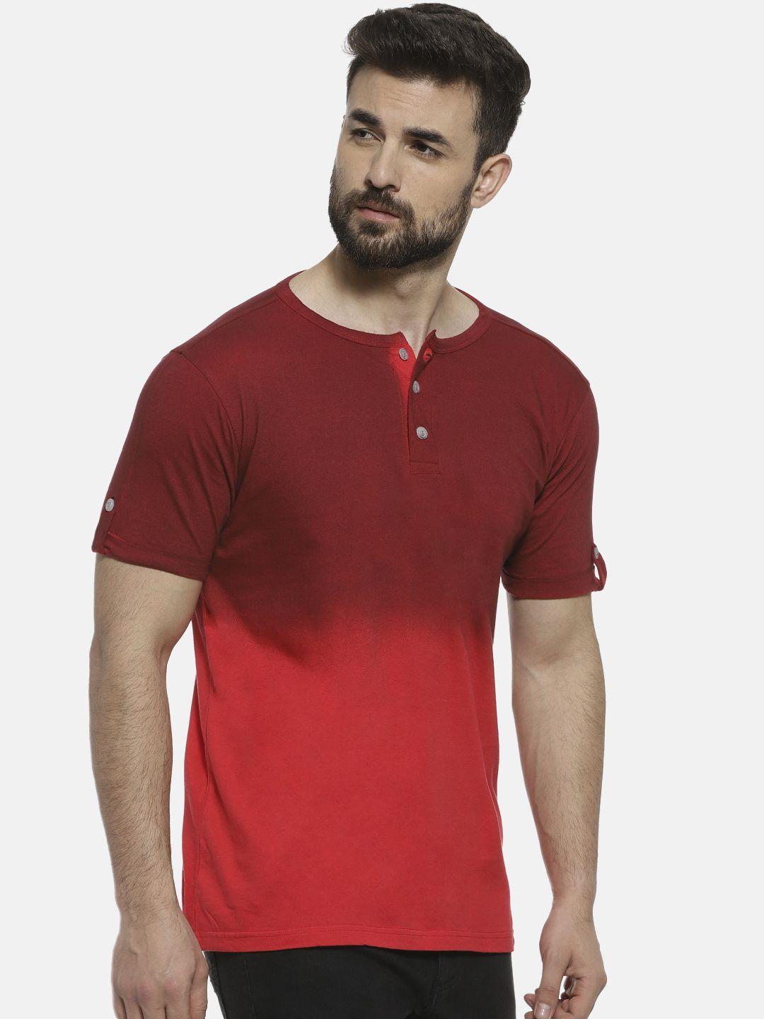 campus sutra men maroon colourblocked henley neck t-shirt