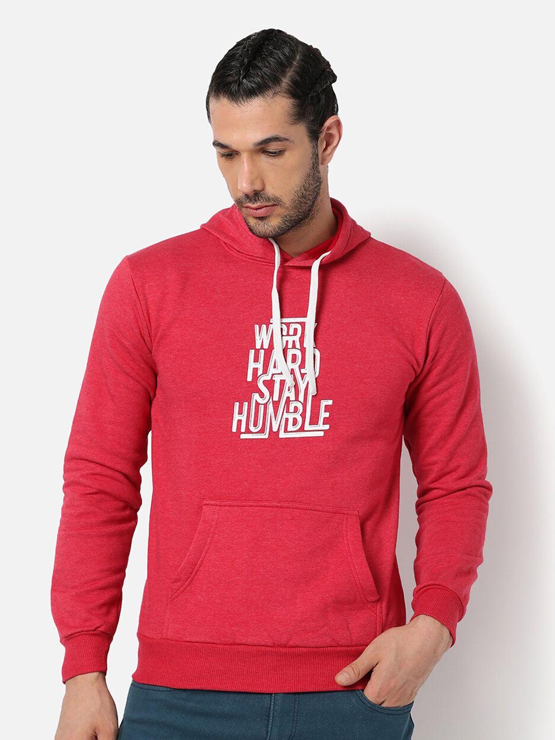 campus sutra men maroon printed cotton hooded sweatshirt