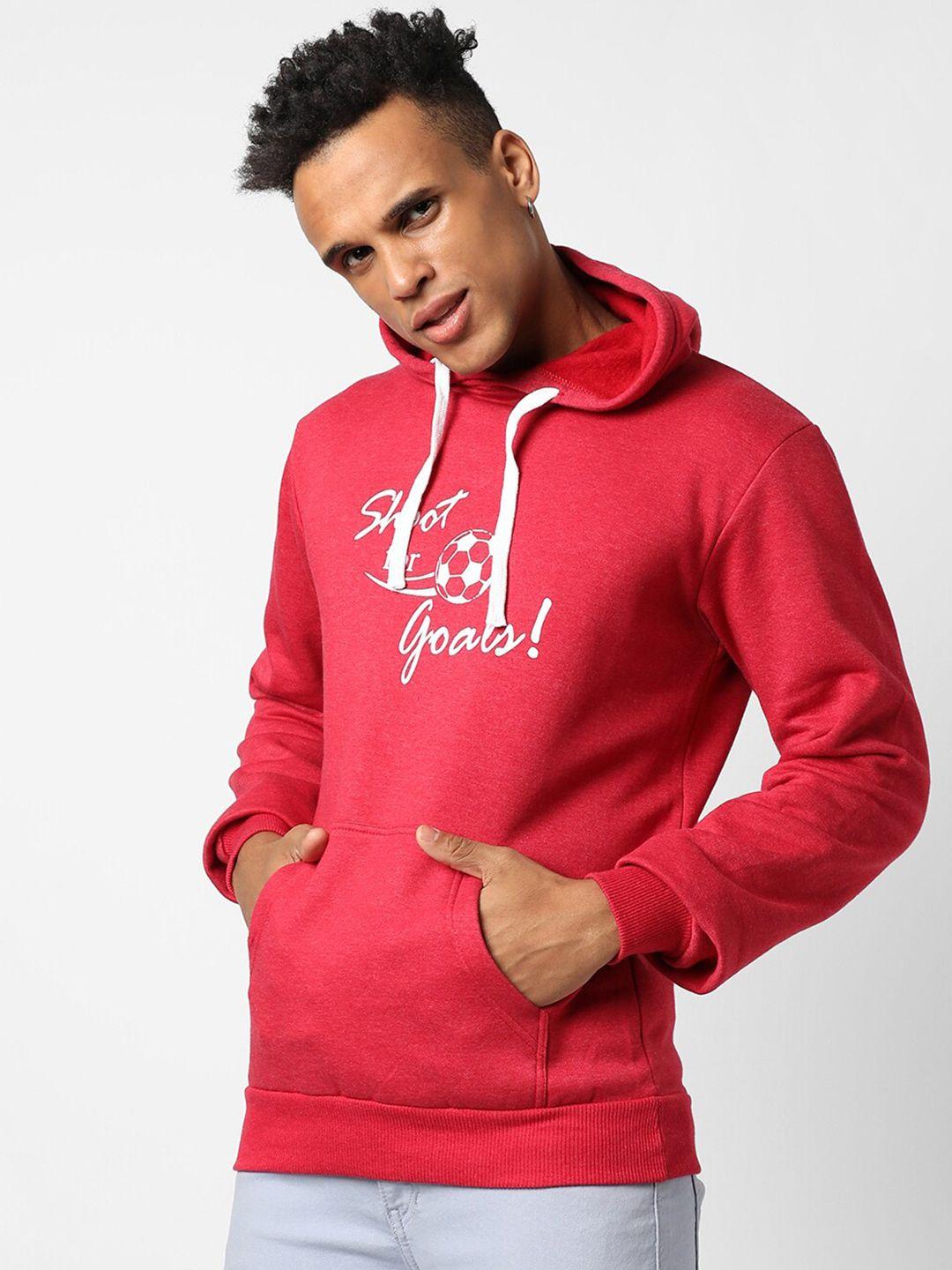 campus sutra men maroon printed cotton hooded sweatshirt