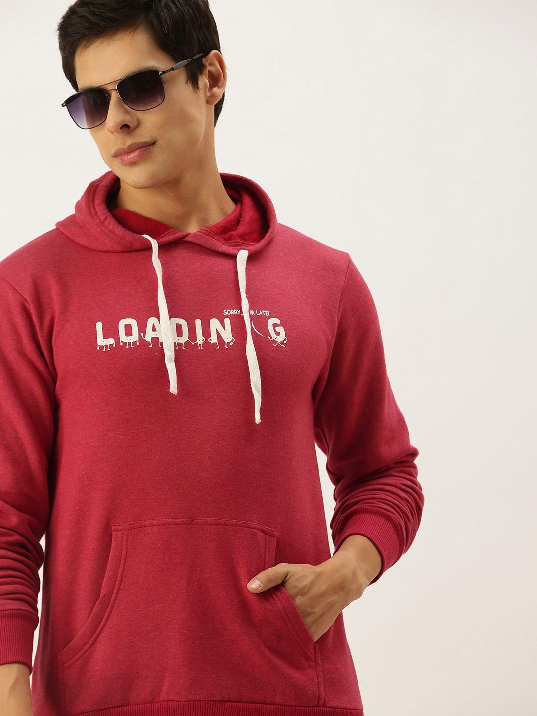 campus sutra men maroon printed hooded sweatshirt