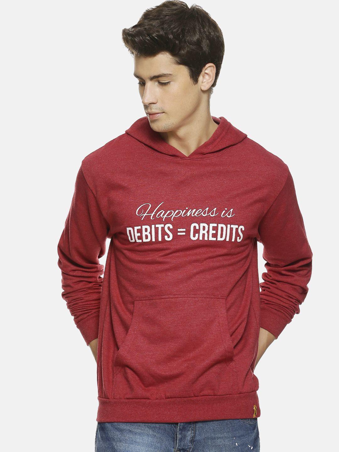 campus sutra men maroon printed hooded sweatshirt