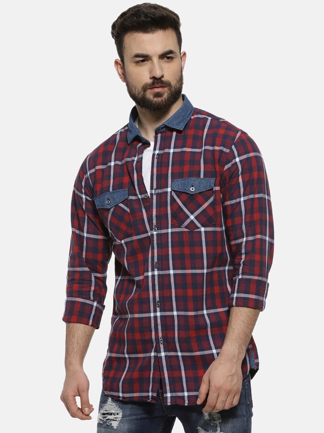 campus sutra men maroon regular fit checked casual shirt