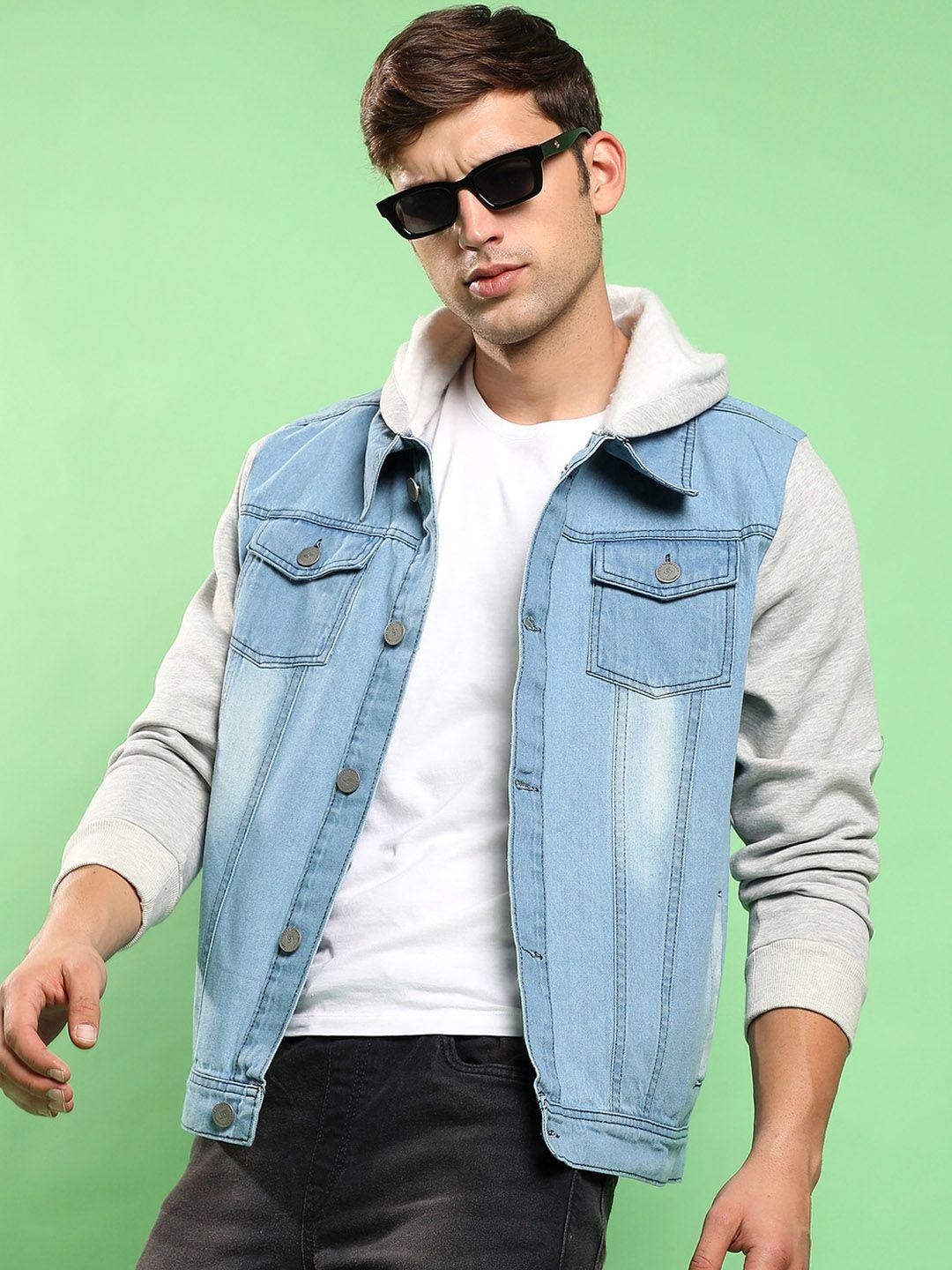 campus sutra men multicoloured washed colourblocked windcheater longline outdoor denim jacket