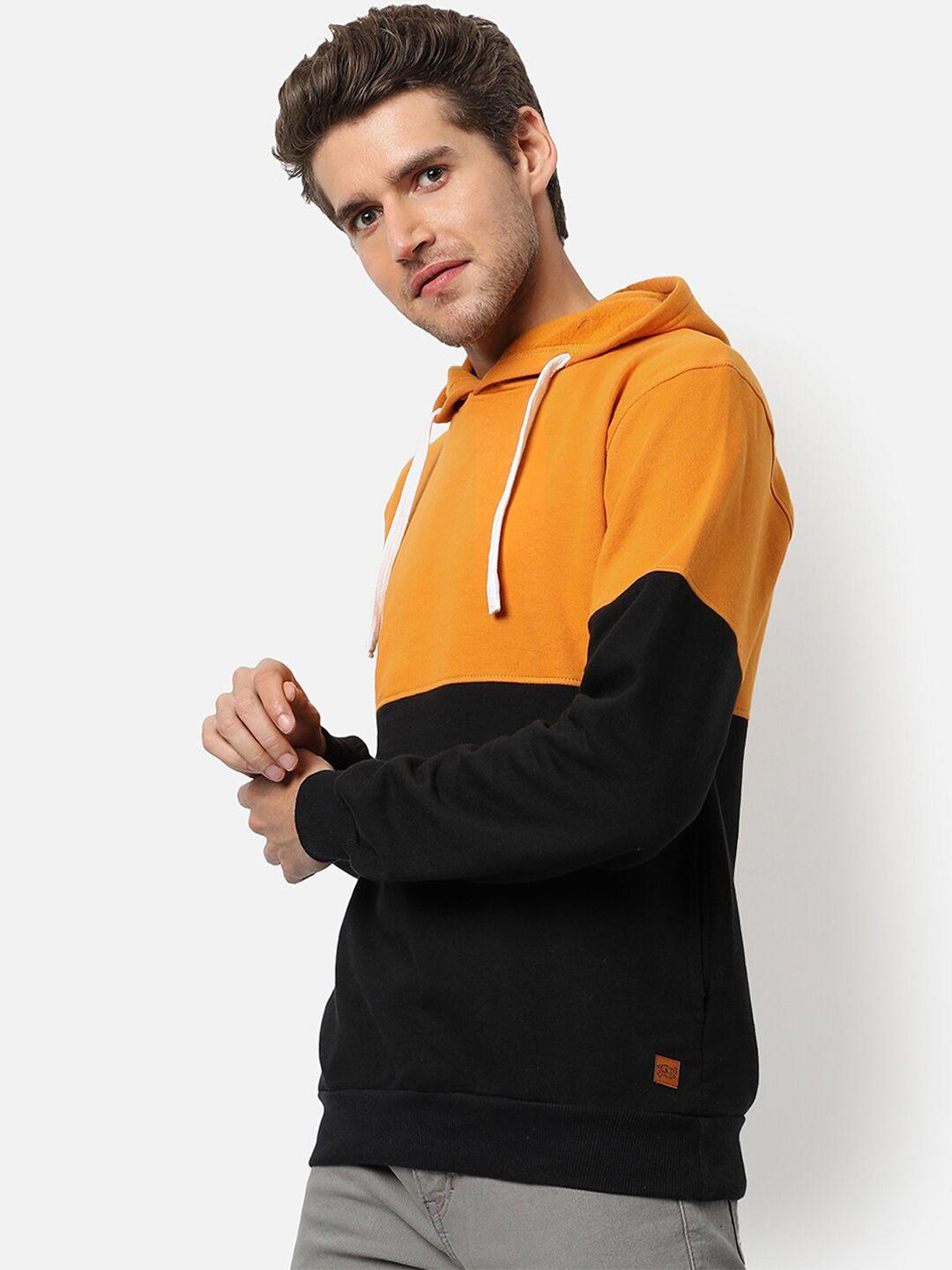 campus sutra men mustard colourblocked hooded sweatshirt