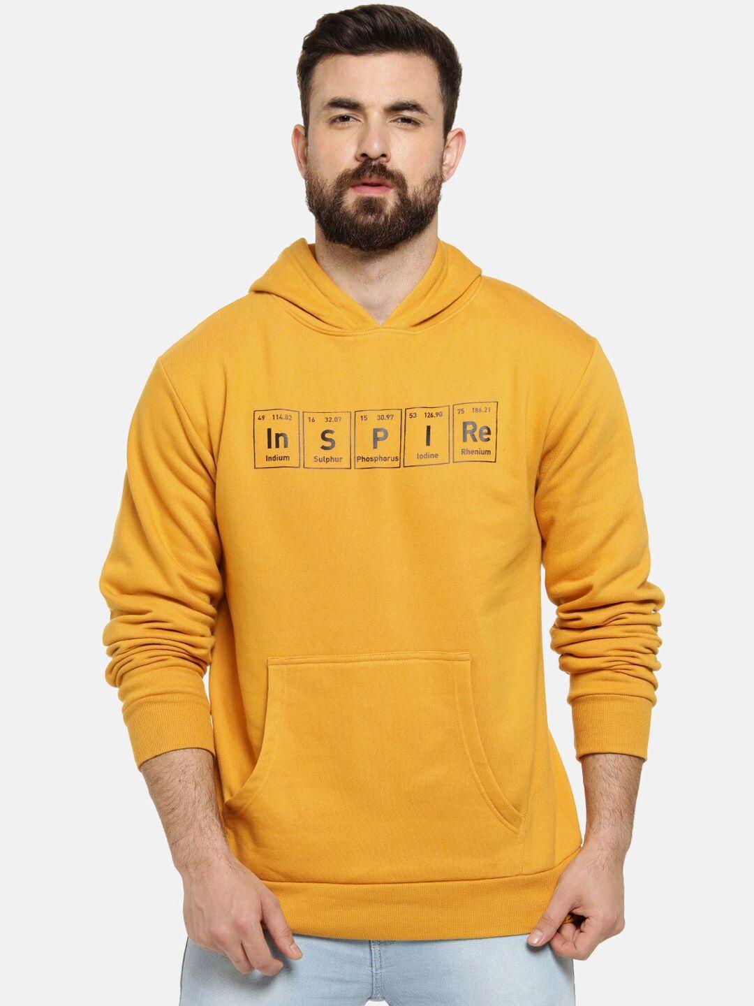 campus sutra men mustard printed hooded sweatshirt