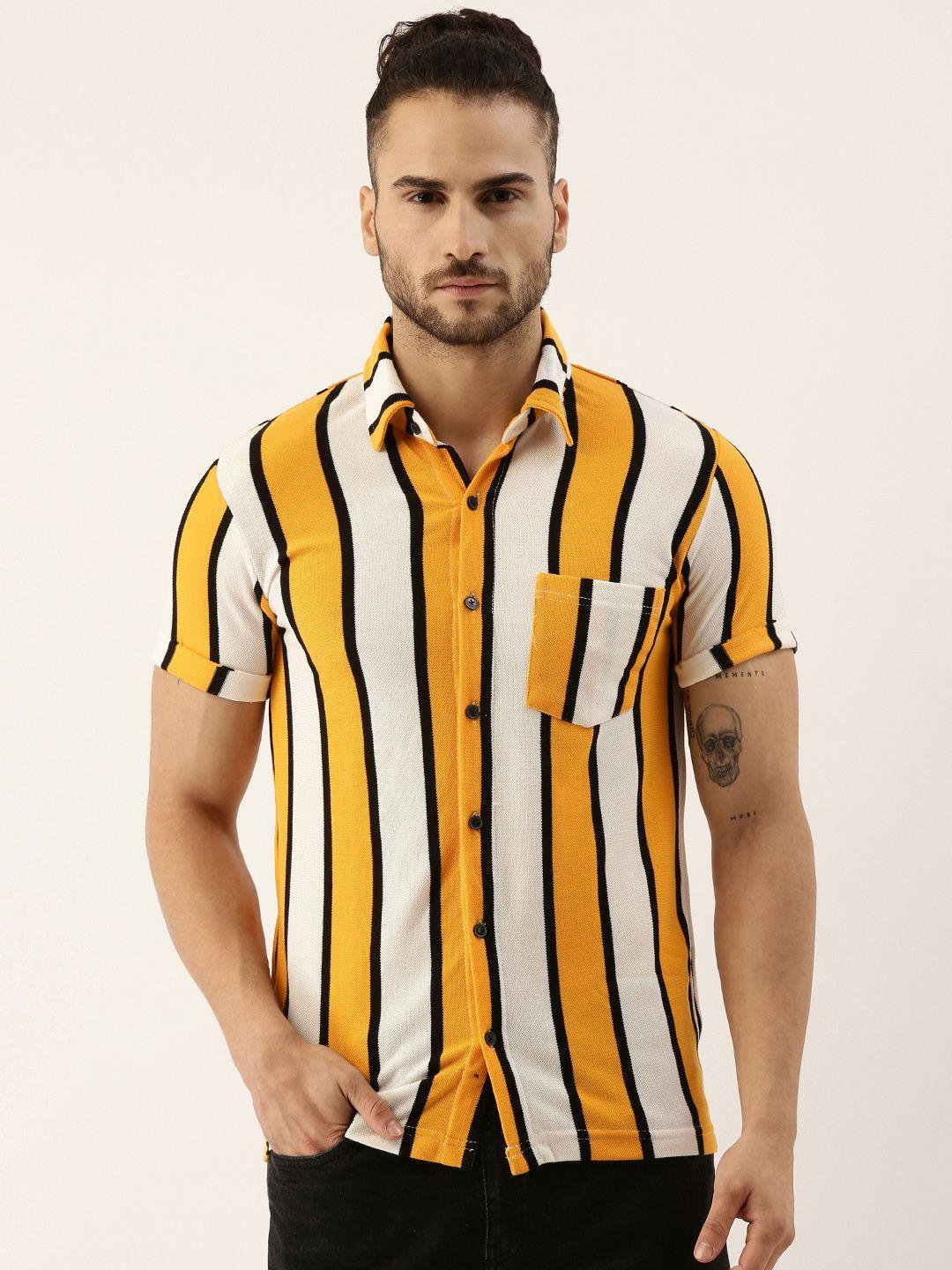 campus sutra men mustard yellow & white cotton striped casual shirt