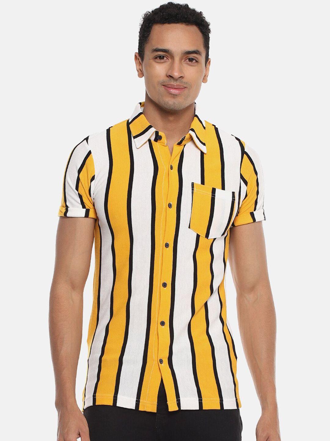 campus sutra men mustard yellow & white regular fit striped casual shirt