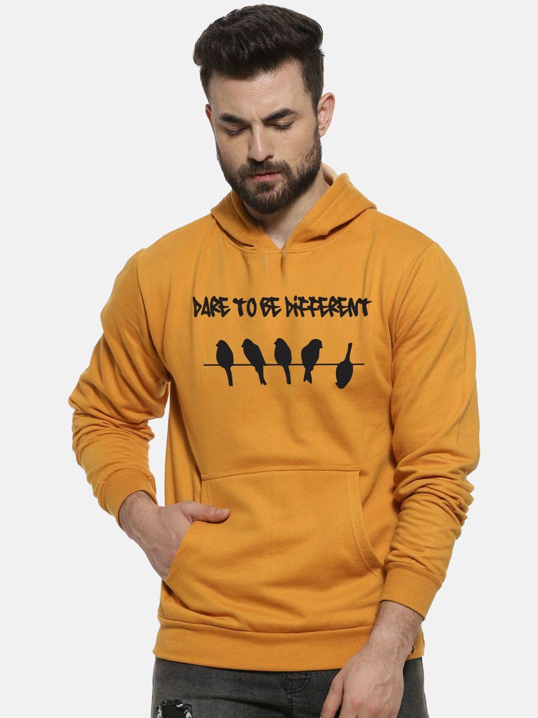 campus sutra men mustard yellow printed hooded sweatshirt