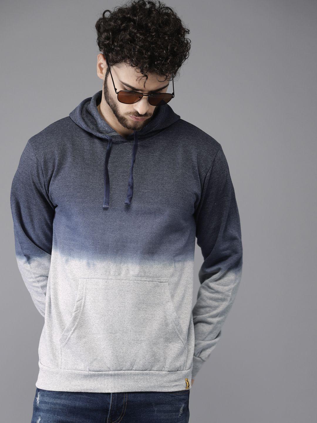 campus sutra men navy blue & grey colourblocked hooded sweatshirt