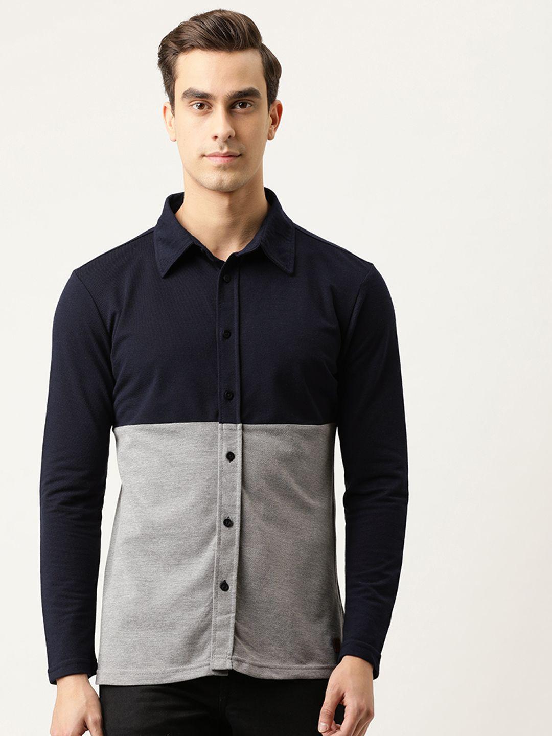 campus sutra men navy blue & grey colourblocked regular fit  casual shirt