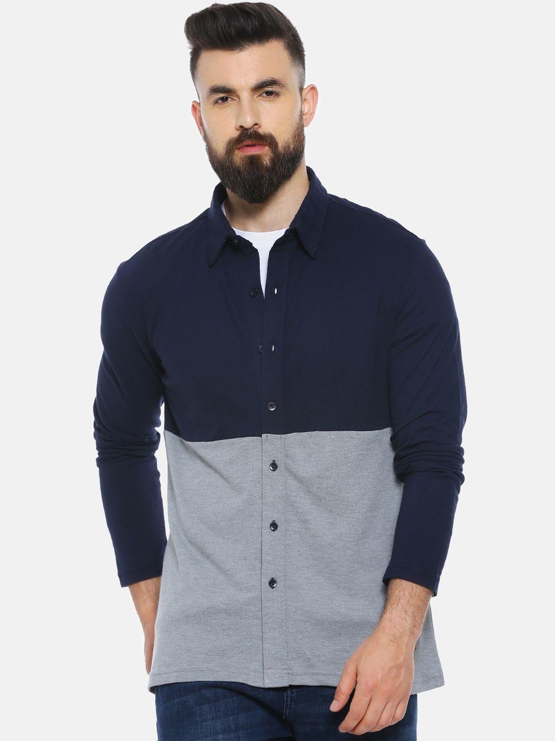 campus sutra men navy blue & grey regular fit colourblocked casual shirt