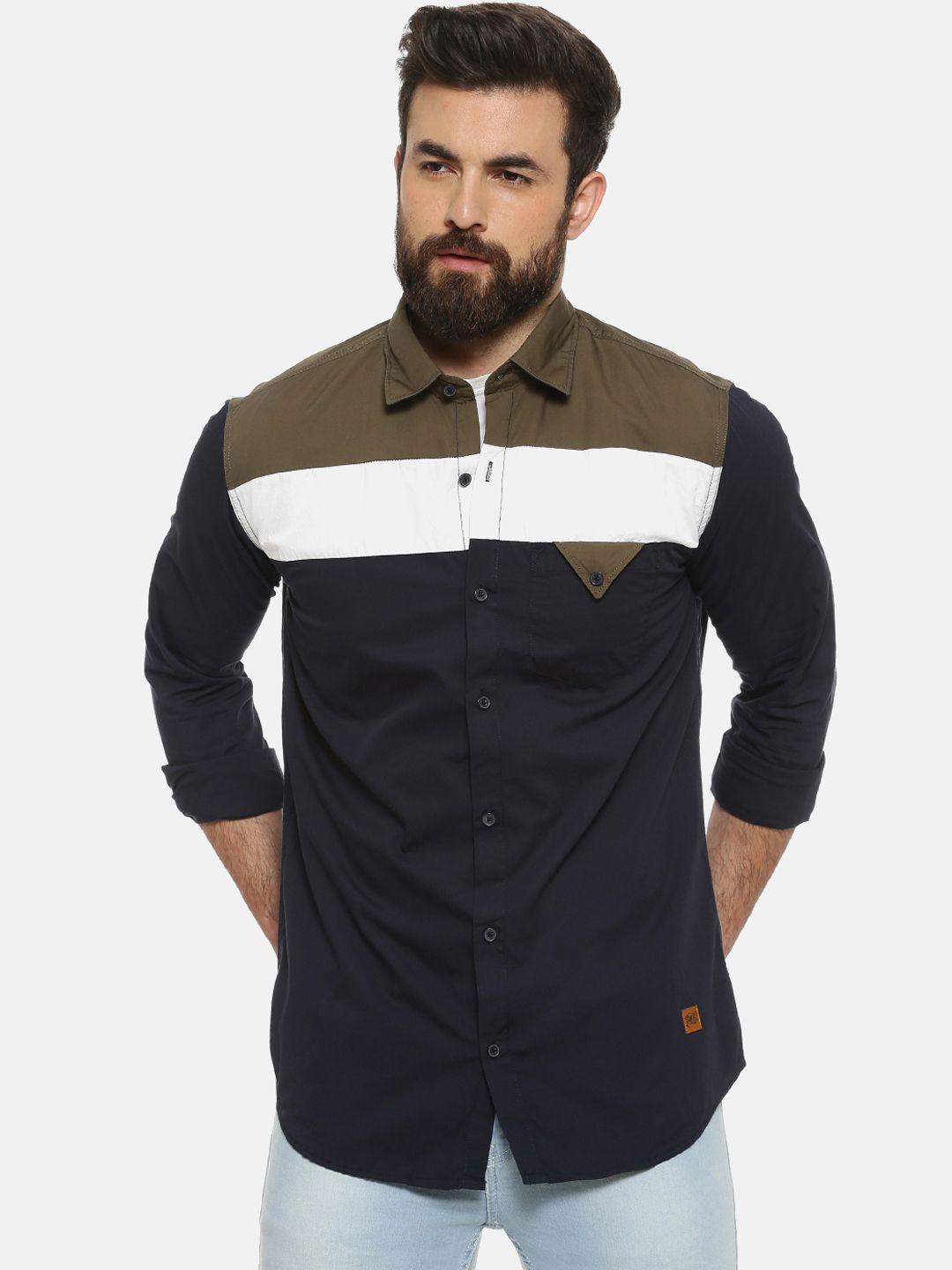 campus sutra men navy blue & olive green regular fit colourblocked casual shirt