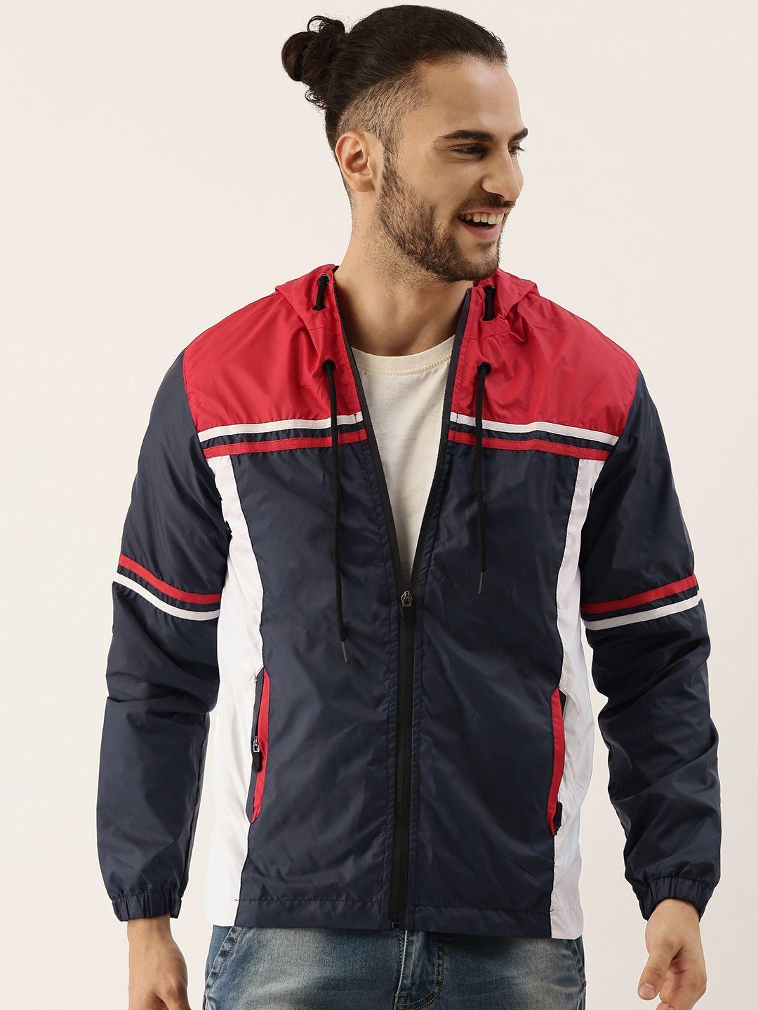campus sutra men navy blue & red colourblocked windcheater outdoor biker jacket