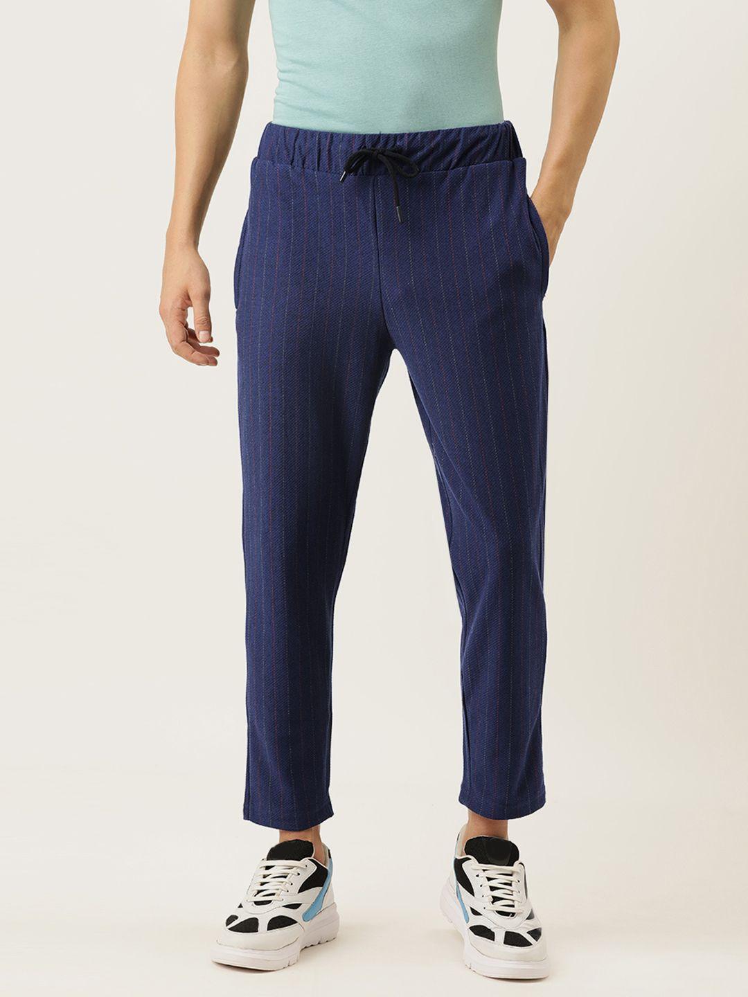 campus sutra men navy blue & red striped straight fit track pants