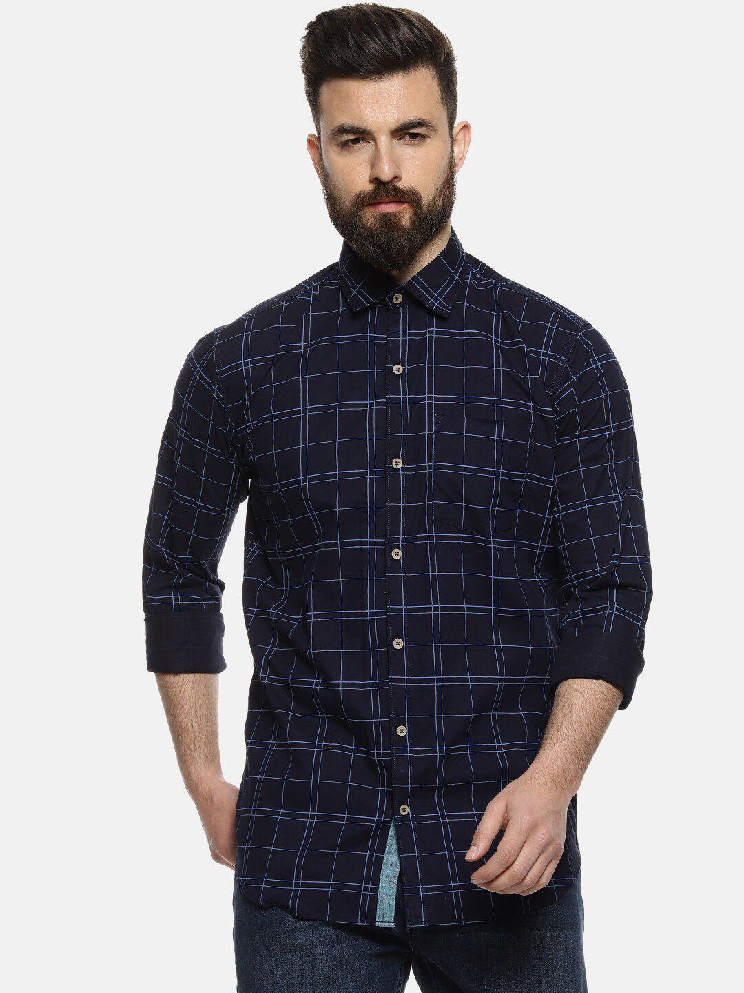 campus sutra men navy blue & sea green regular fit checked casual shirt