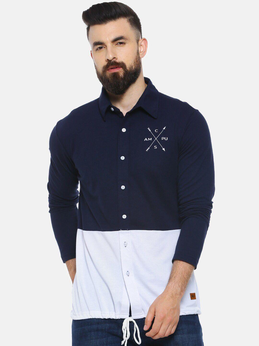 campus sutra men navy blue & white regular fit colourblocked casual shirt