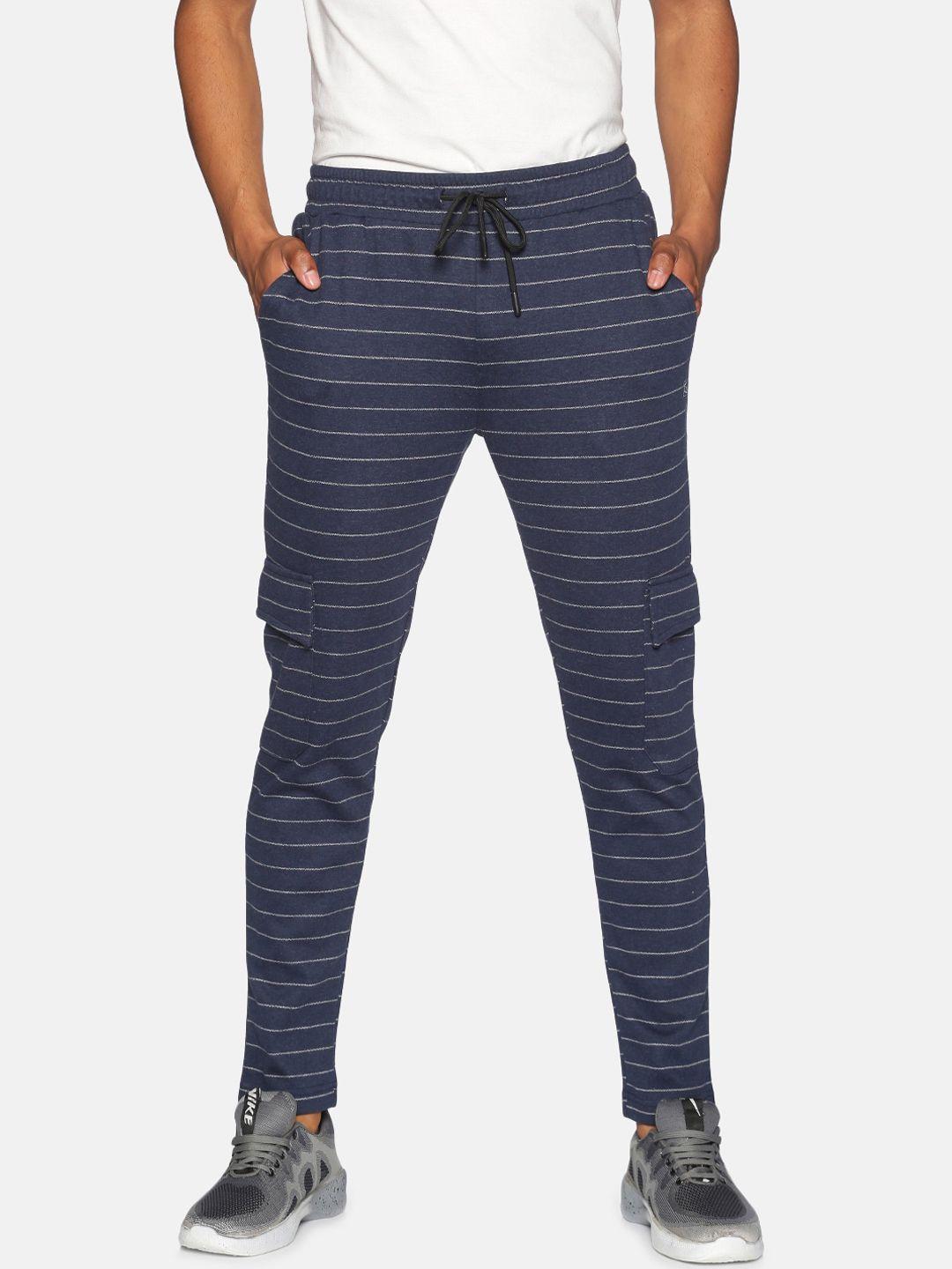 campus sutra men navy blue & white striped straight-fit cotton track pants