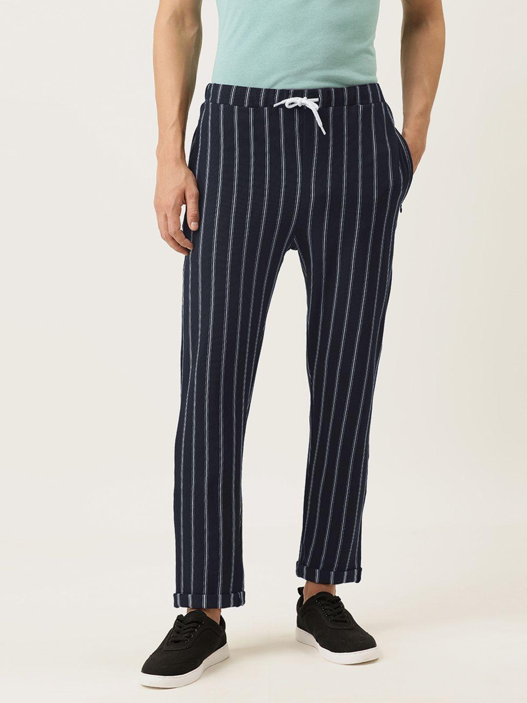 campus sutra men navy blue & white striped straight fit track pants