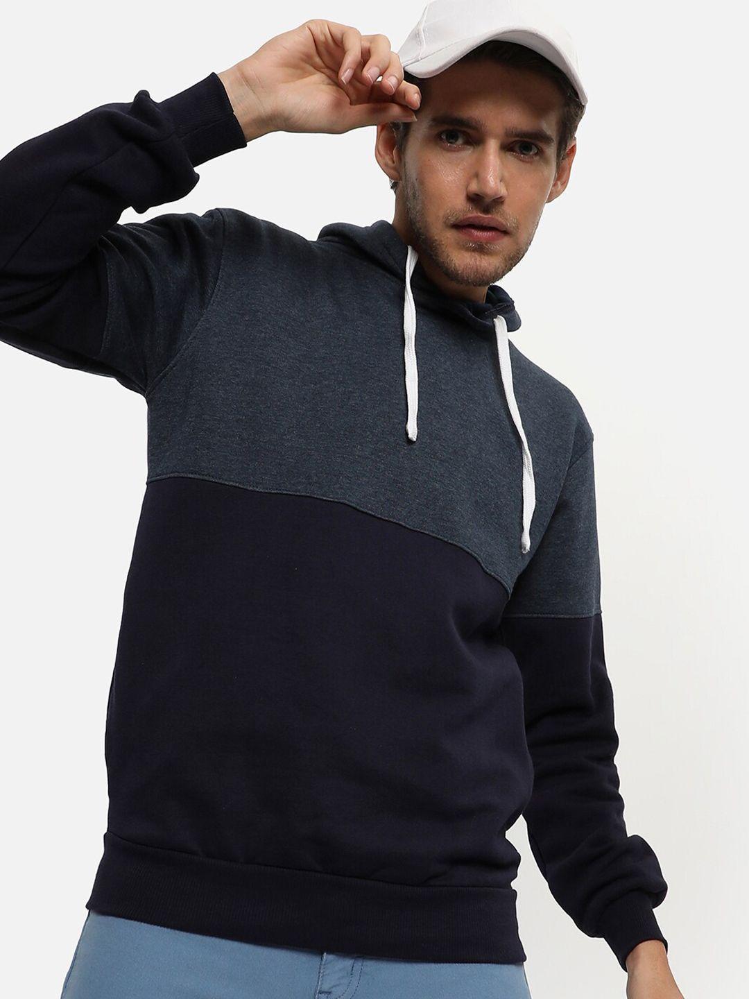 campus sutra men navy blue colourblocked hooded sweatshirt