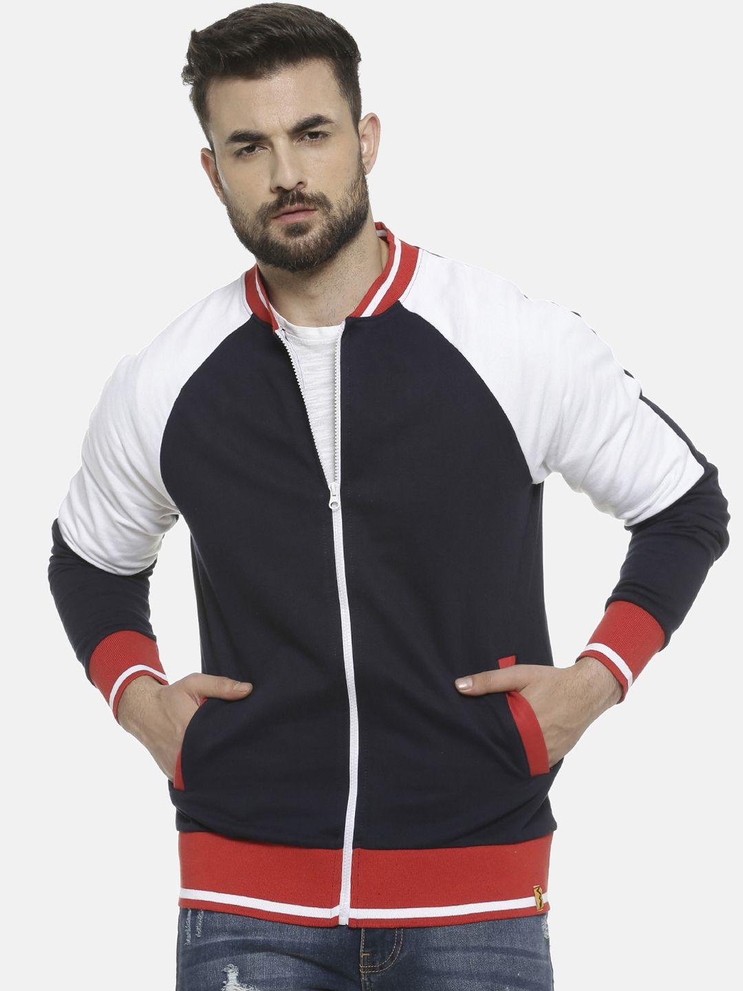 campus sutra men navy blue colourblocked windcheater varsity jacket