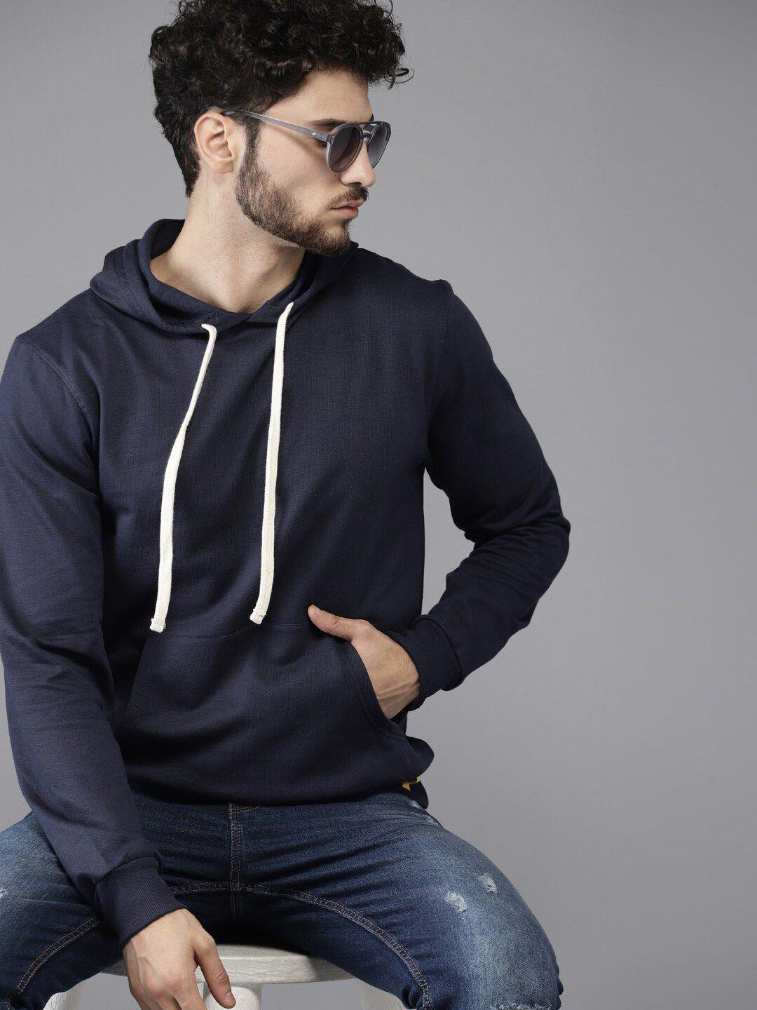 campus sutra men navy blue cotton hooded sweatshirt