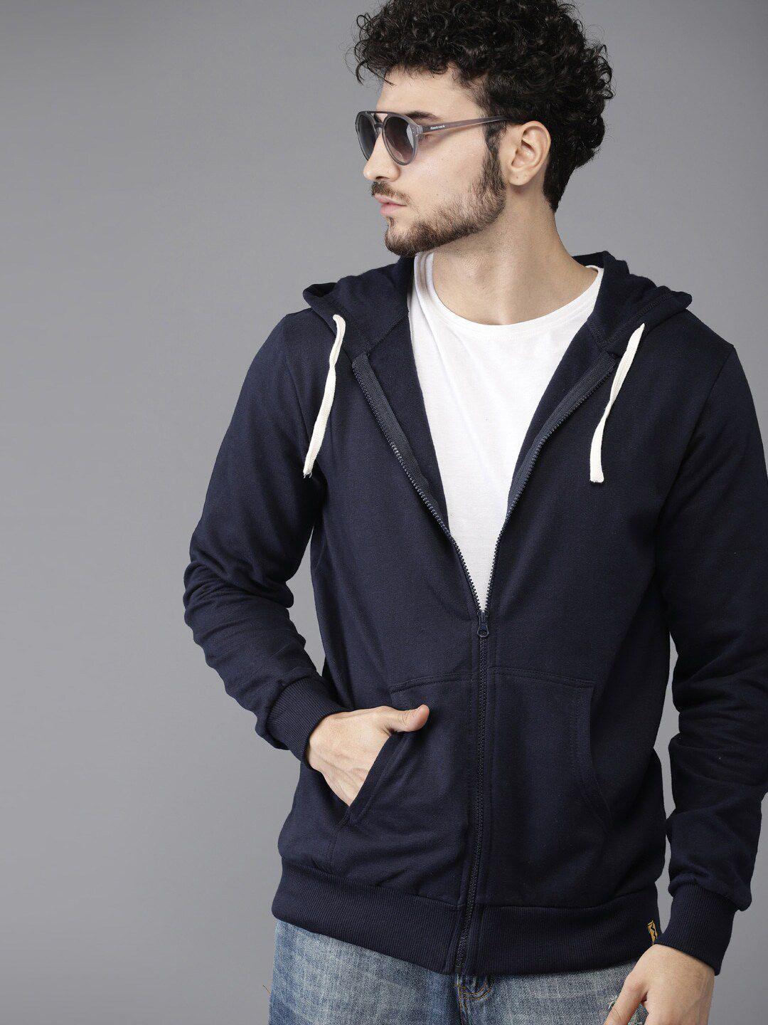 campus sutra men navy blue hooded sweatshirt