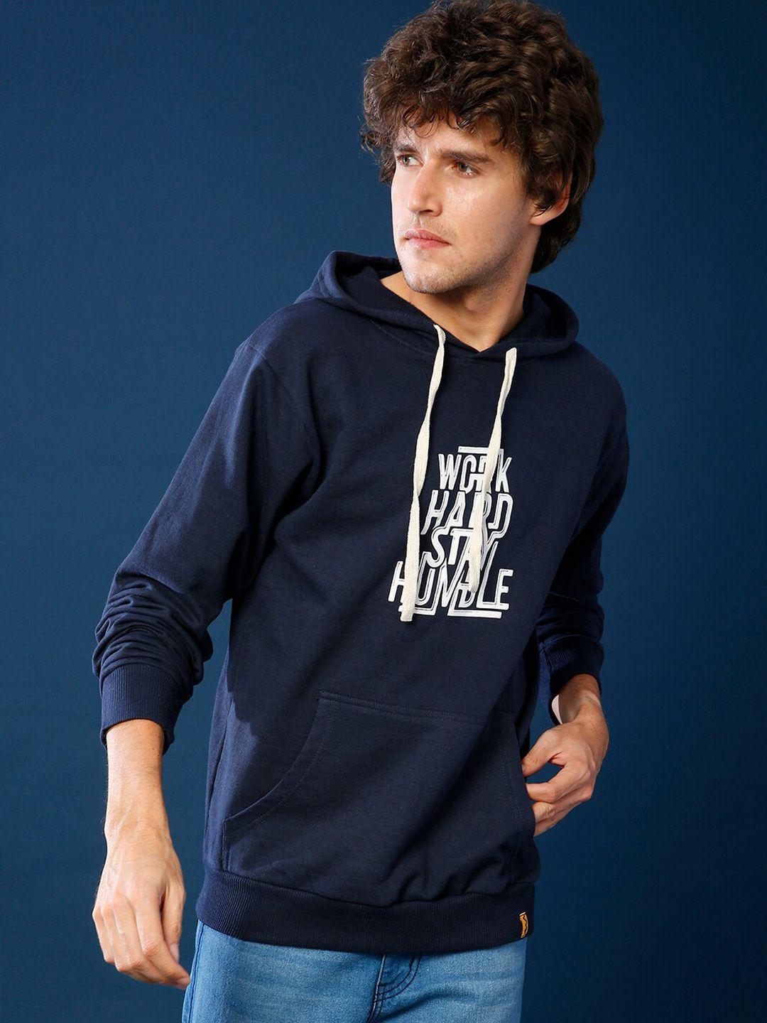 campus sutra men navy blue hooded sweatshirt