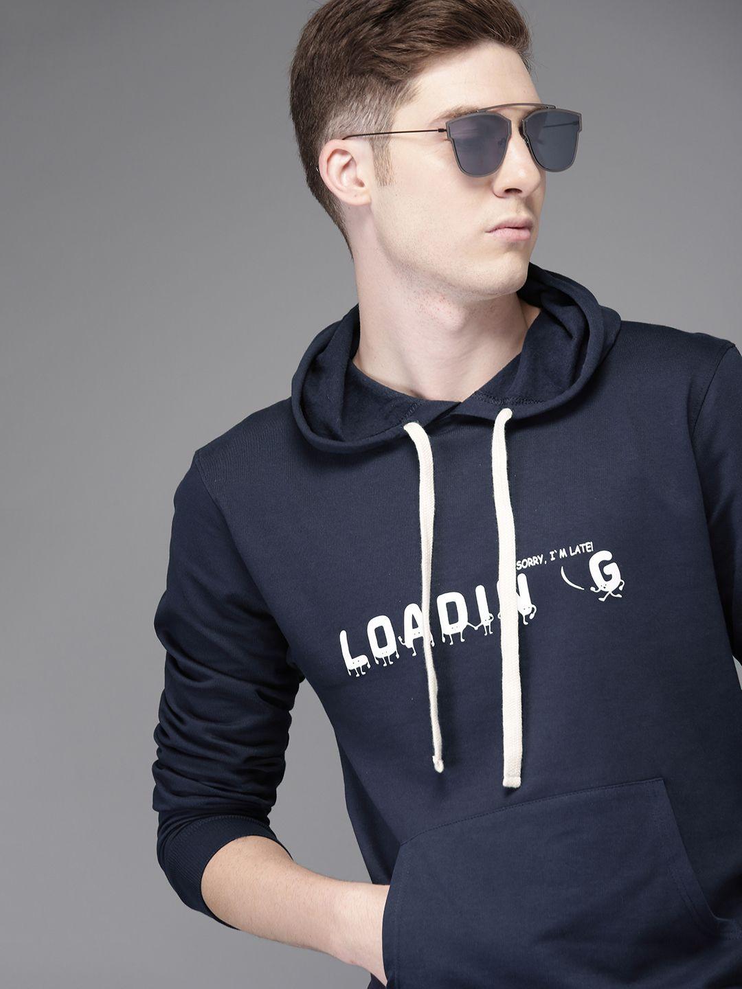 campus sutra men navy blue printed hooded sweatshirt