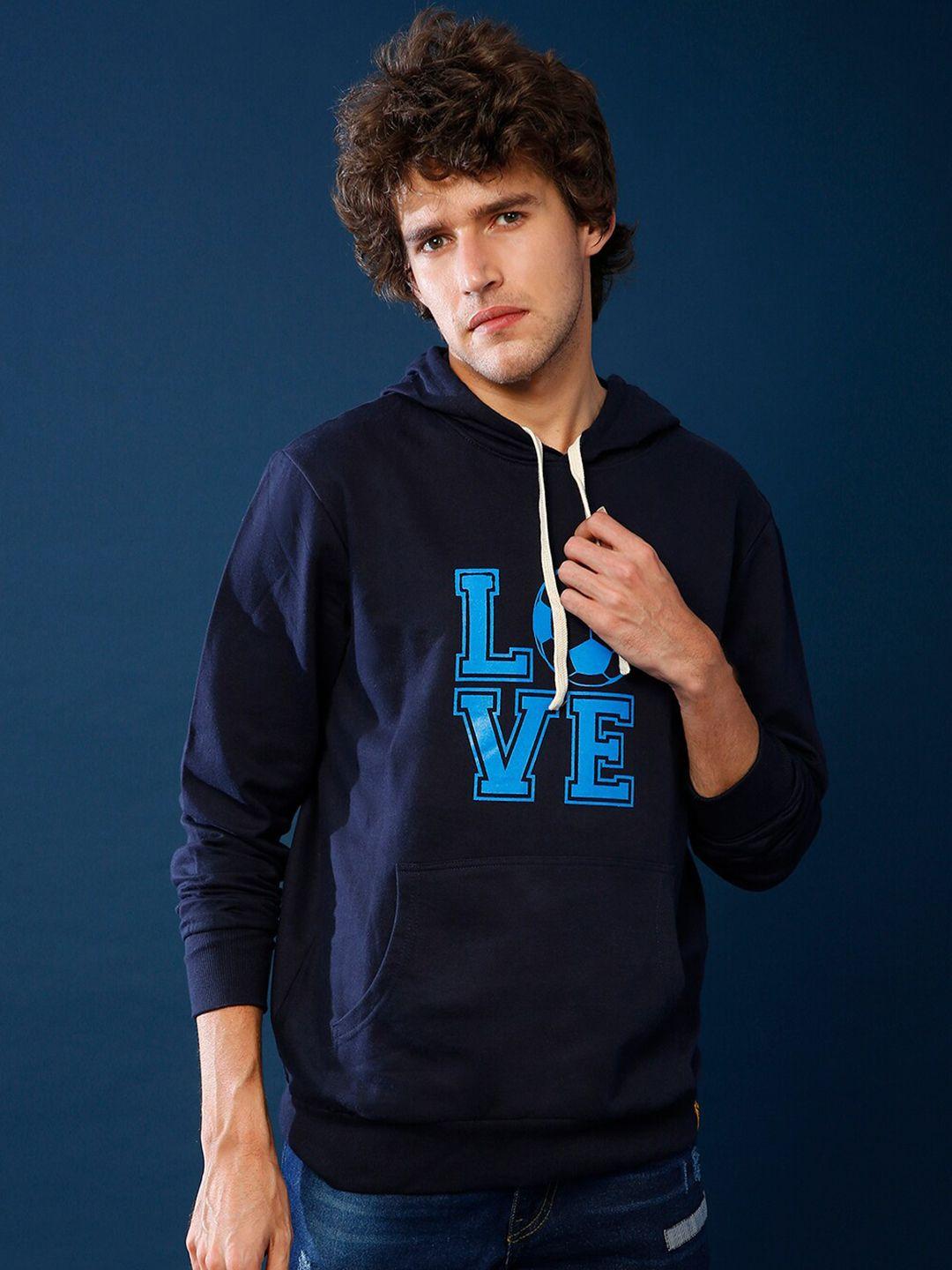 campus sutra men navy blue printed hooded sweatshirt