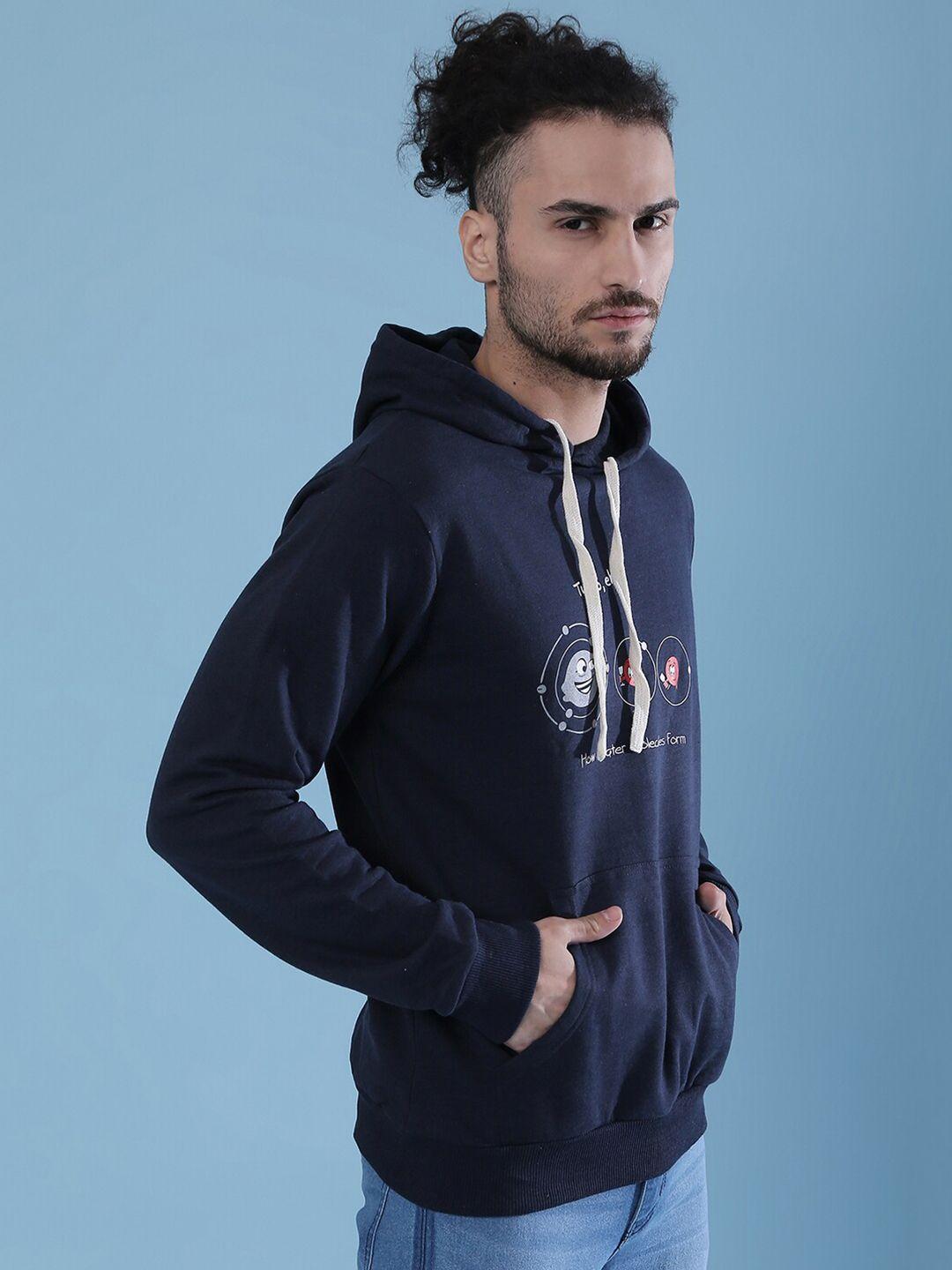 campus sutra men navy blue printed hooded sweatshirt