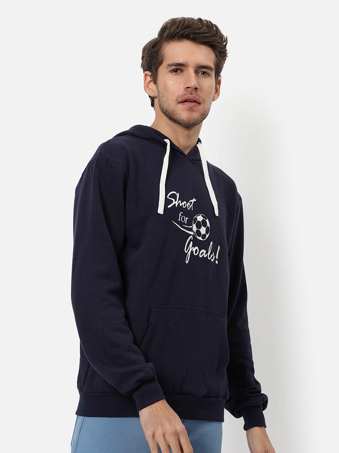 campus sutra men navy blue printed hooded sweatshirt