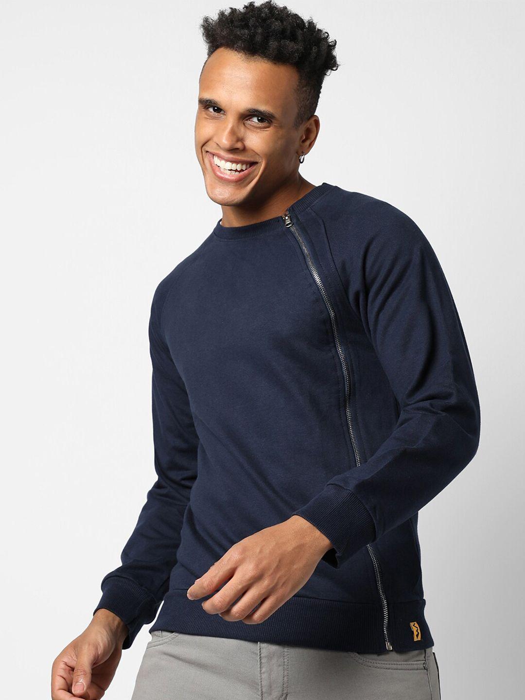 campus sutra men navy blue solid cotton sweatshirt