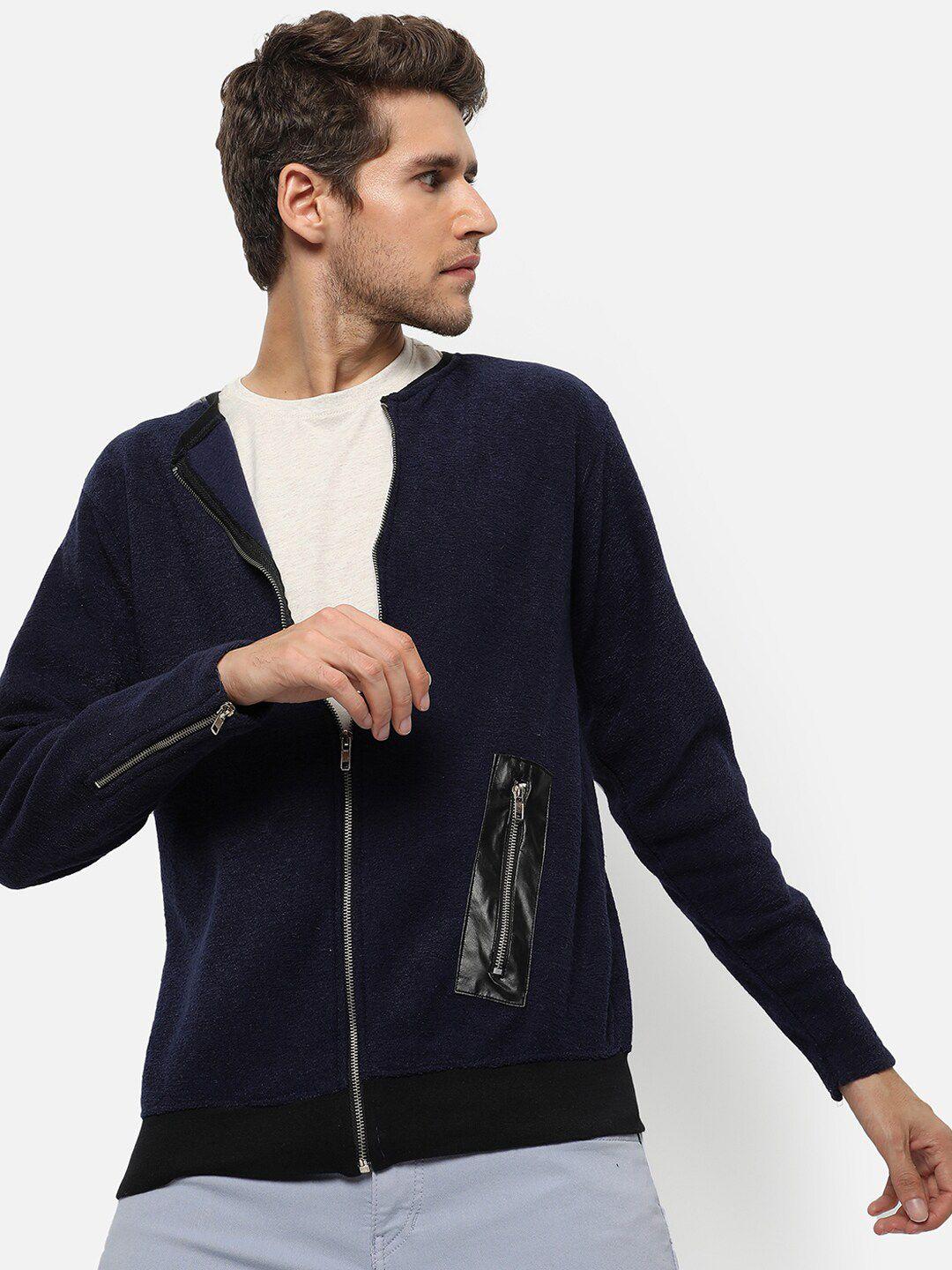 campus sutra men navy blue windcheater crop outdoor sporty jacket with patchwork