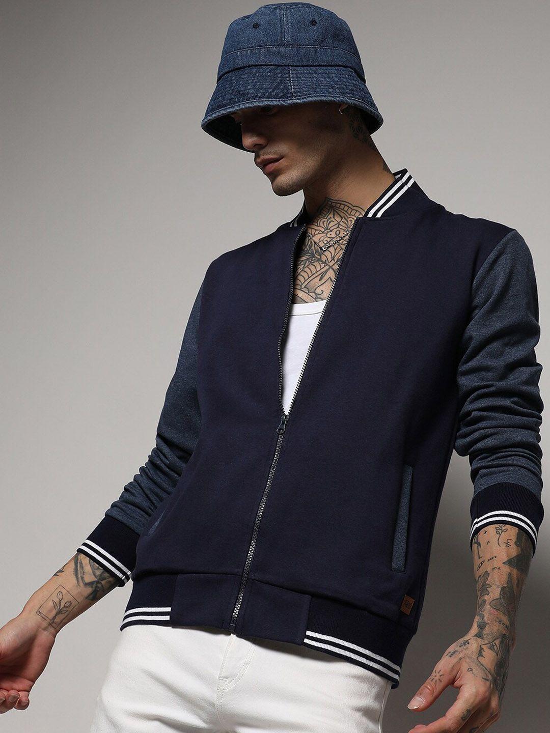 campus sutra men navy blue windcheater varsity jacket