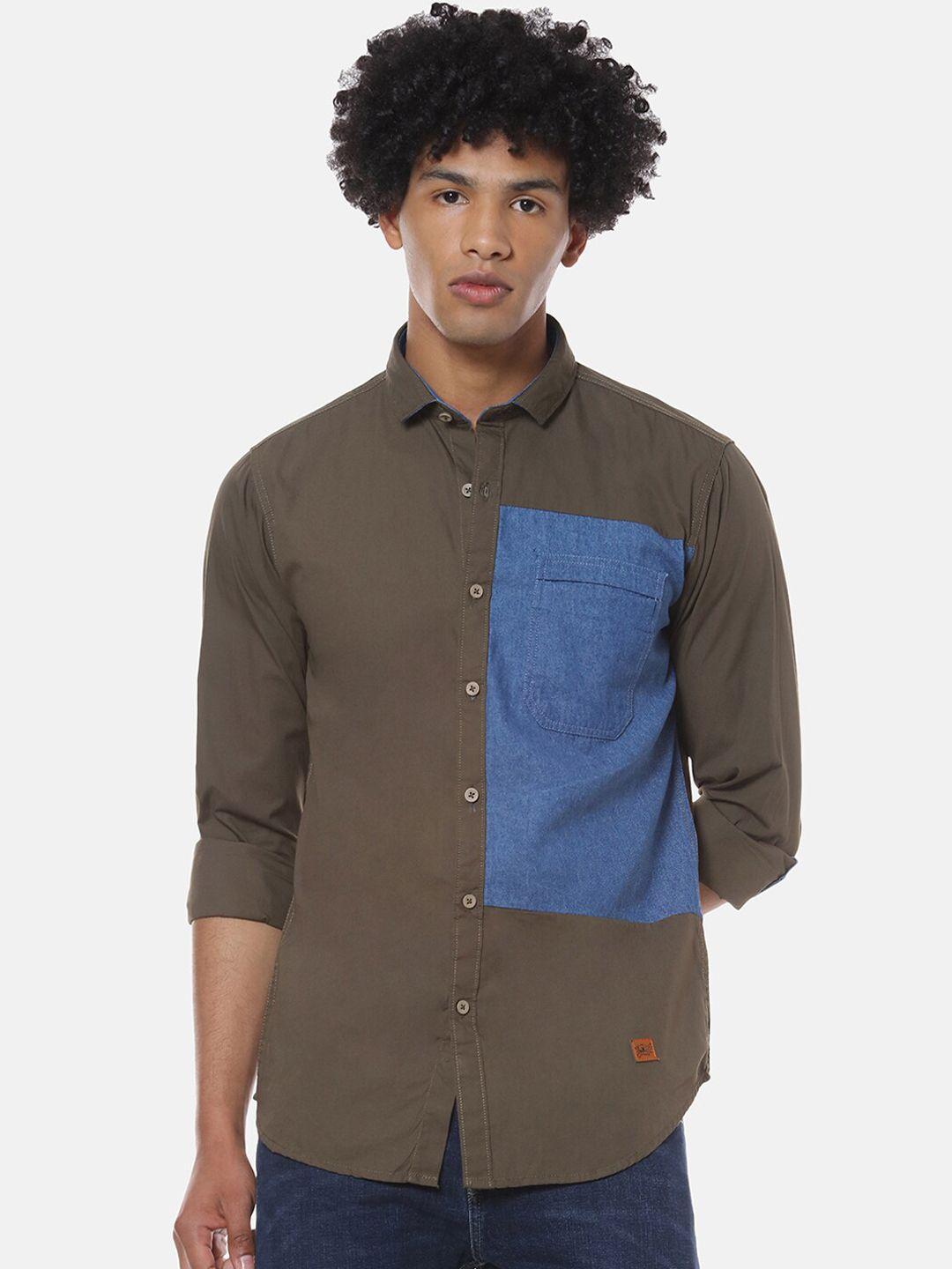 campus sutra men olive green & blue regular fit colourblocked casual shirt