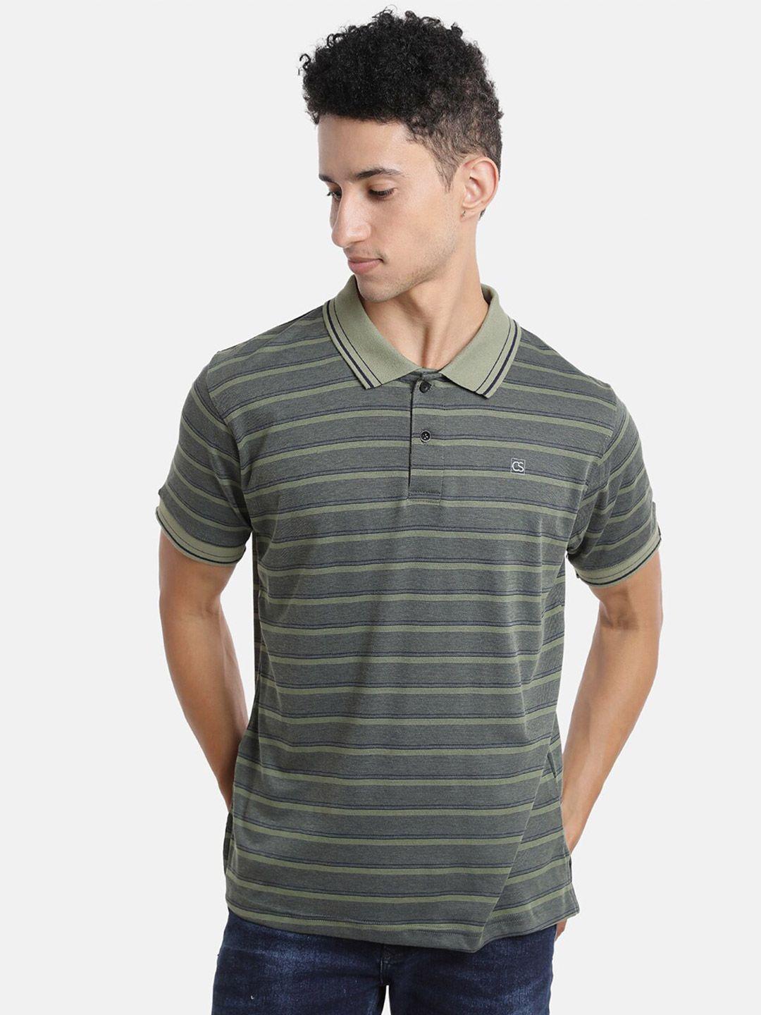 campus sutra men olive green striped henley neck outdoor t-shirt