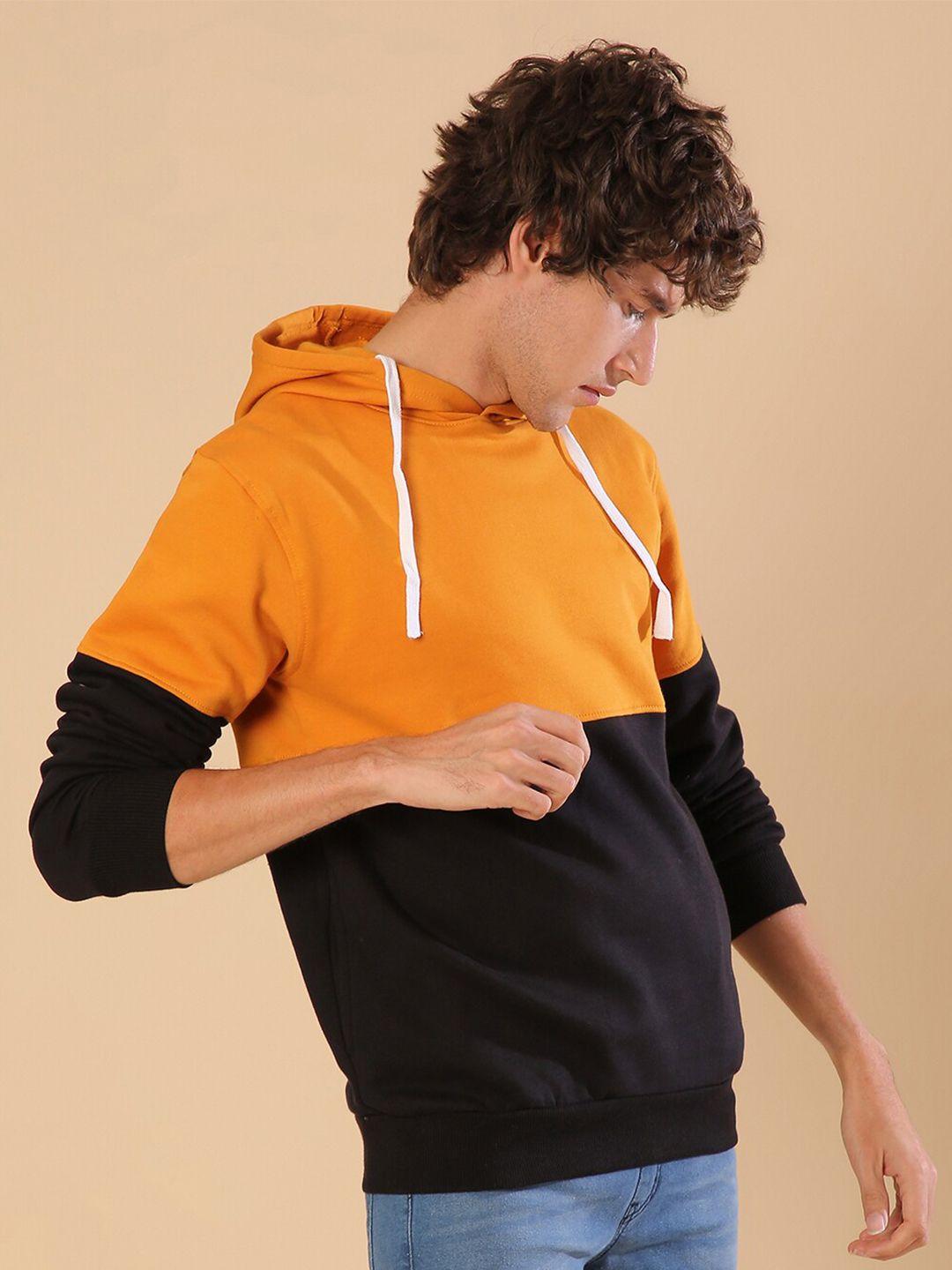 campus sutra men orange & black colourblocked hooded sweatshirt