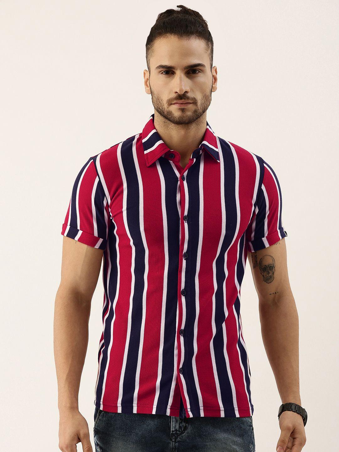 campus sutra men red & navy blue striped casual shirt