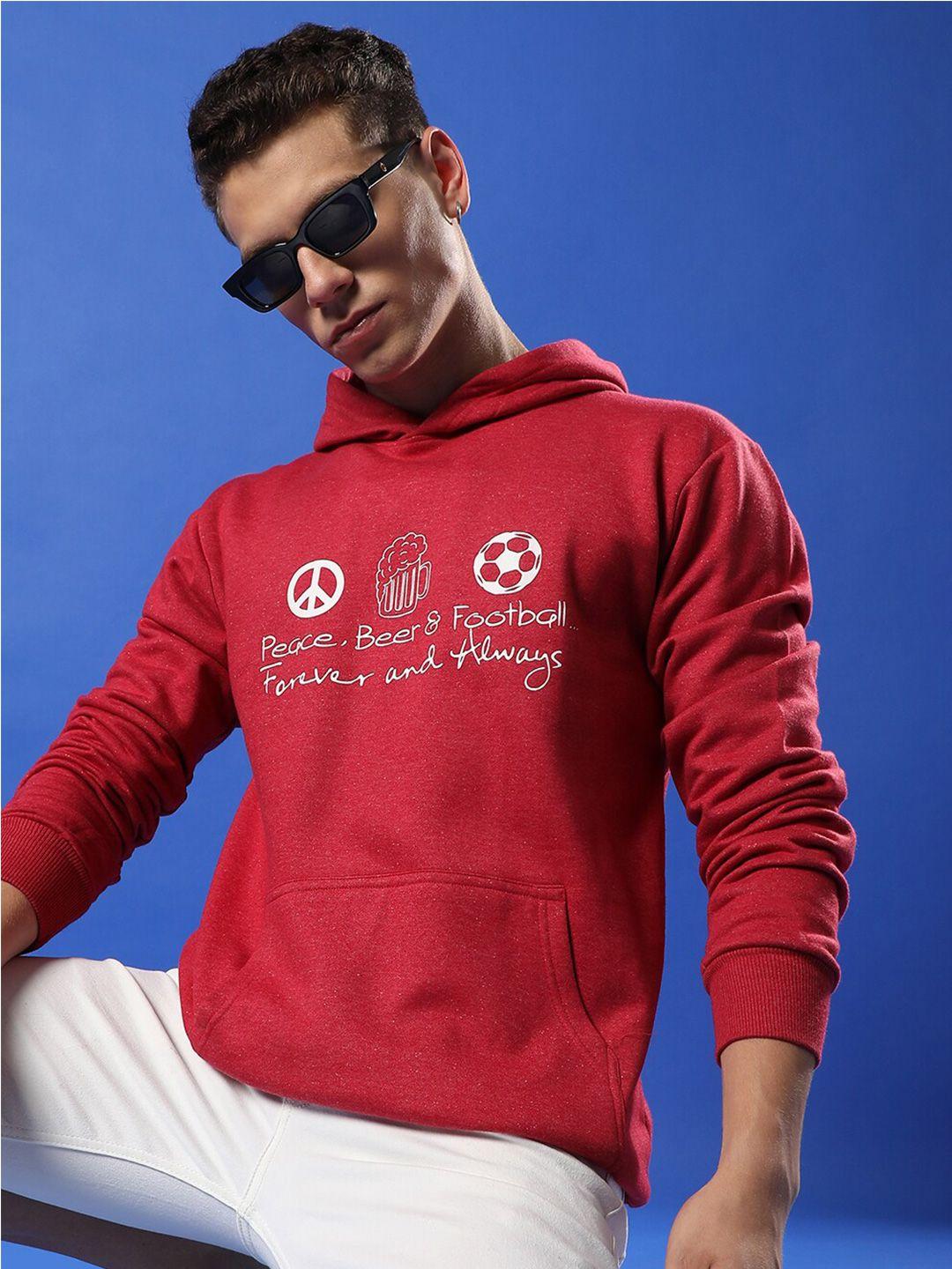 campus sutra men red printed hooded sweatshirt