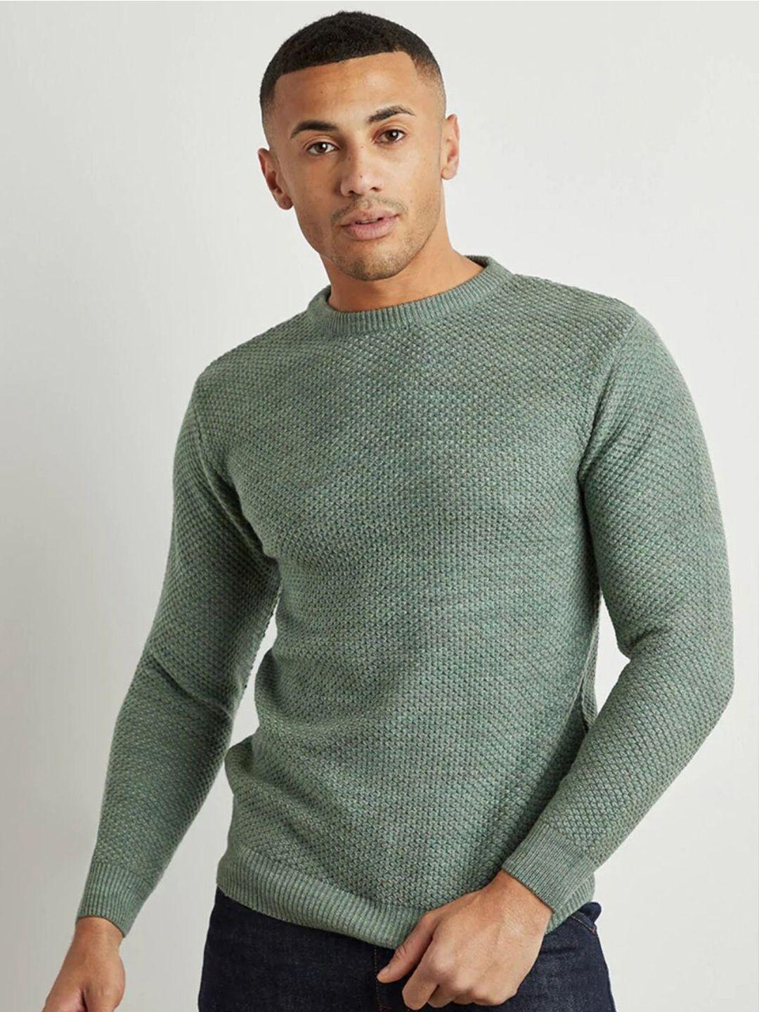 campus sutra men sea green cable knit pullover