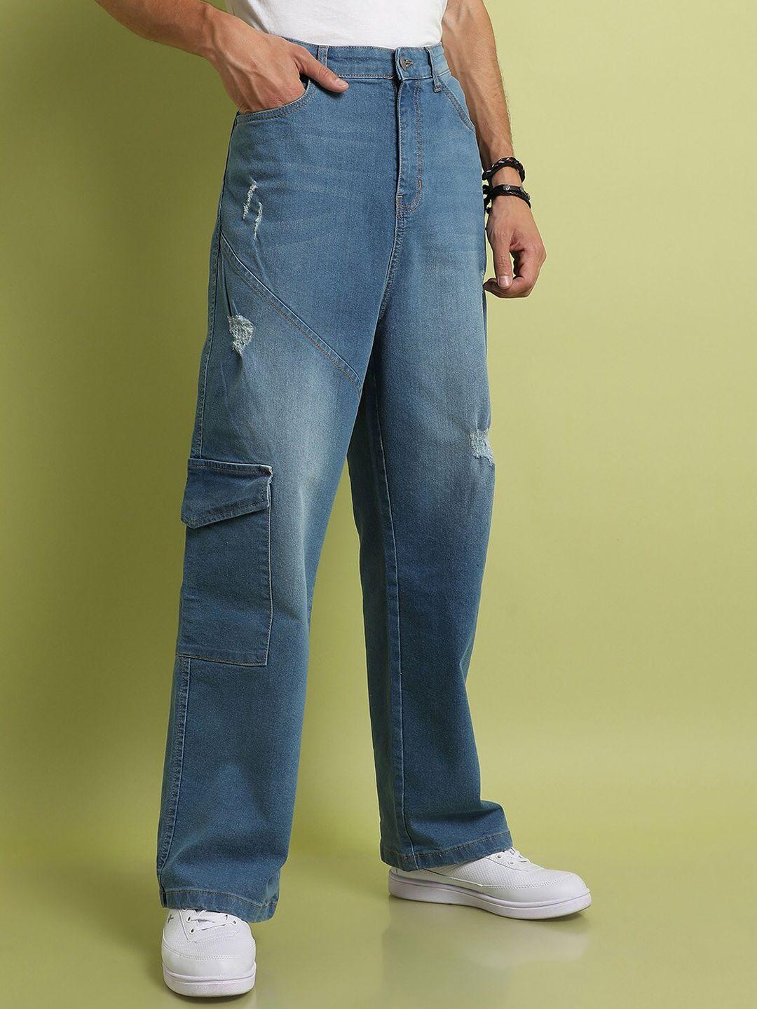 campus sutra men smart wide leg low distress light fade stretchable jeans