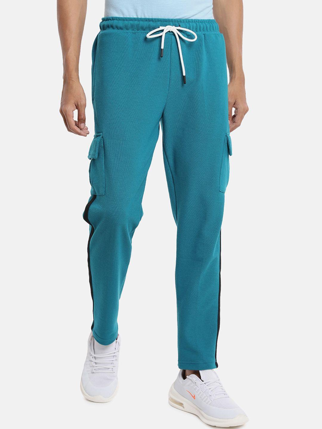 campus sutra men teal blue solid cotton regular fit sports track pant