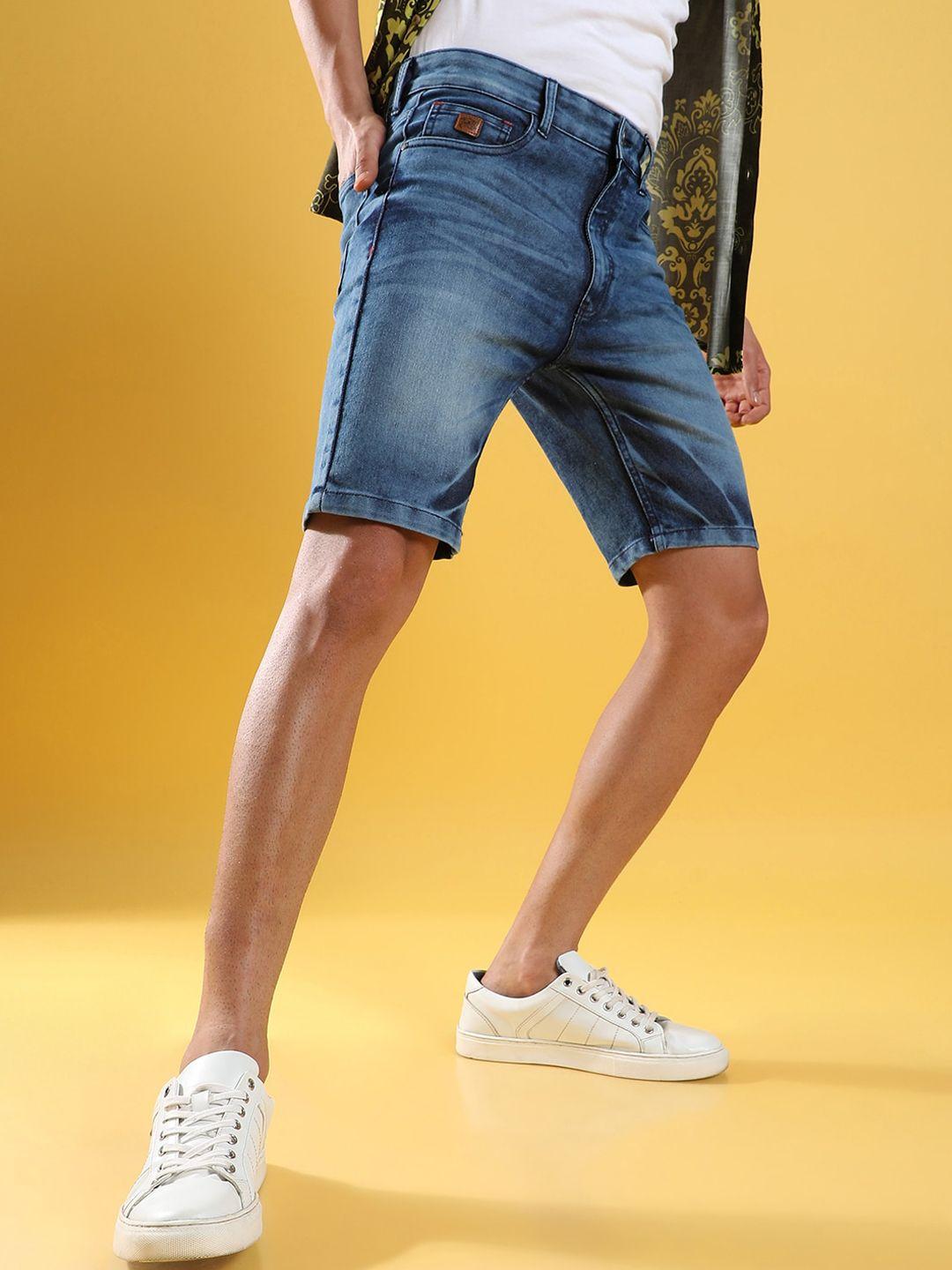 campus sutra men washed mid-rise cotton denim shorts