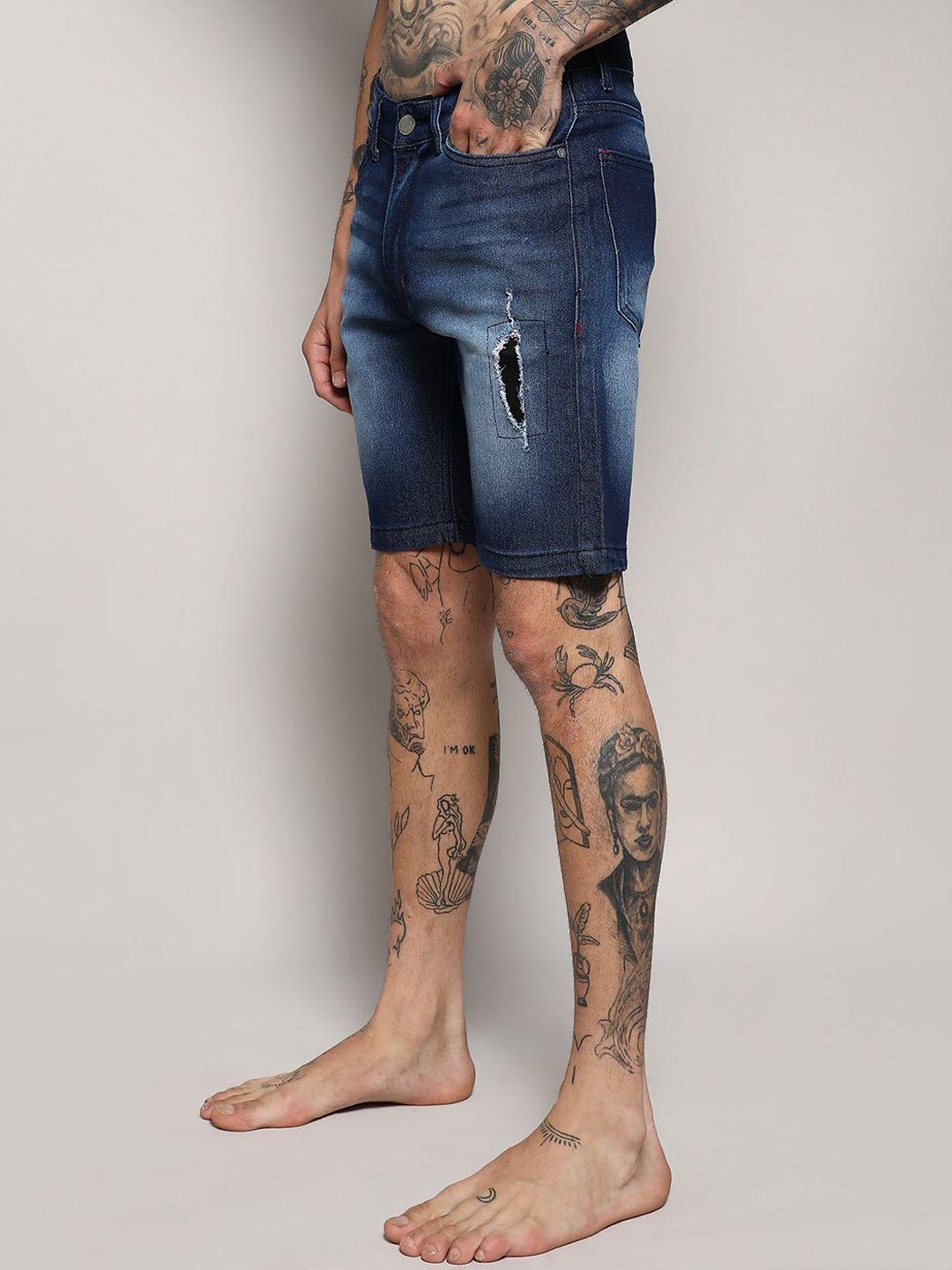 campus sutra men washed outdoor cotton denim shorts with technology
