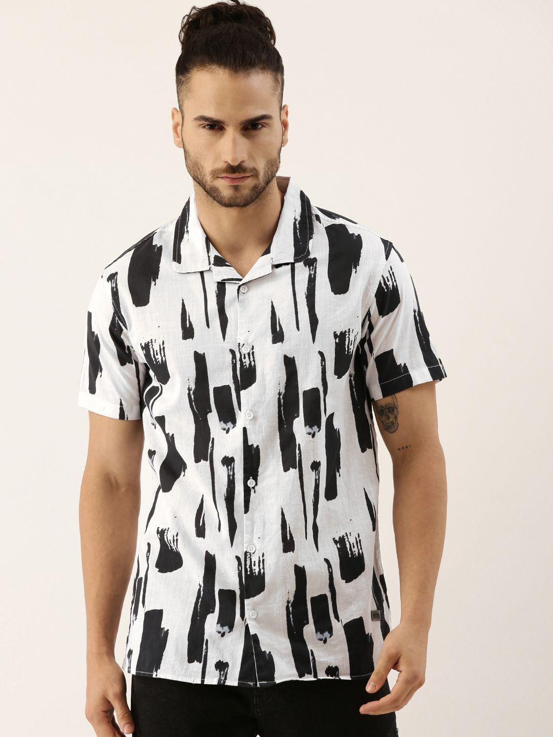 campus sutra men white & black abstract print cotton casual shirt