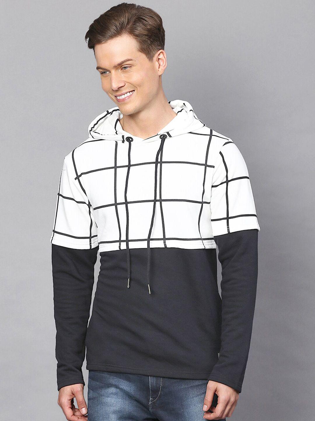 campus sutra men white & black checked hooded sweatshirt